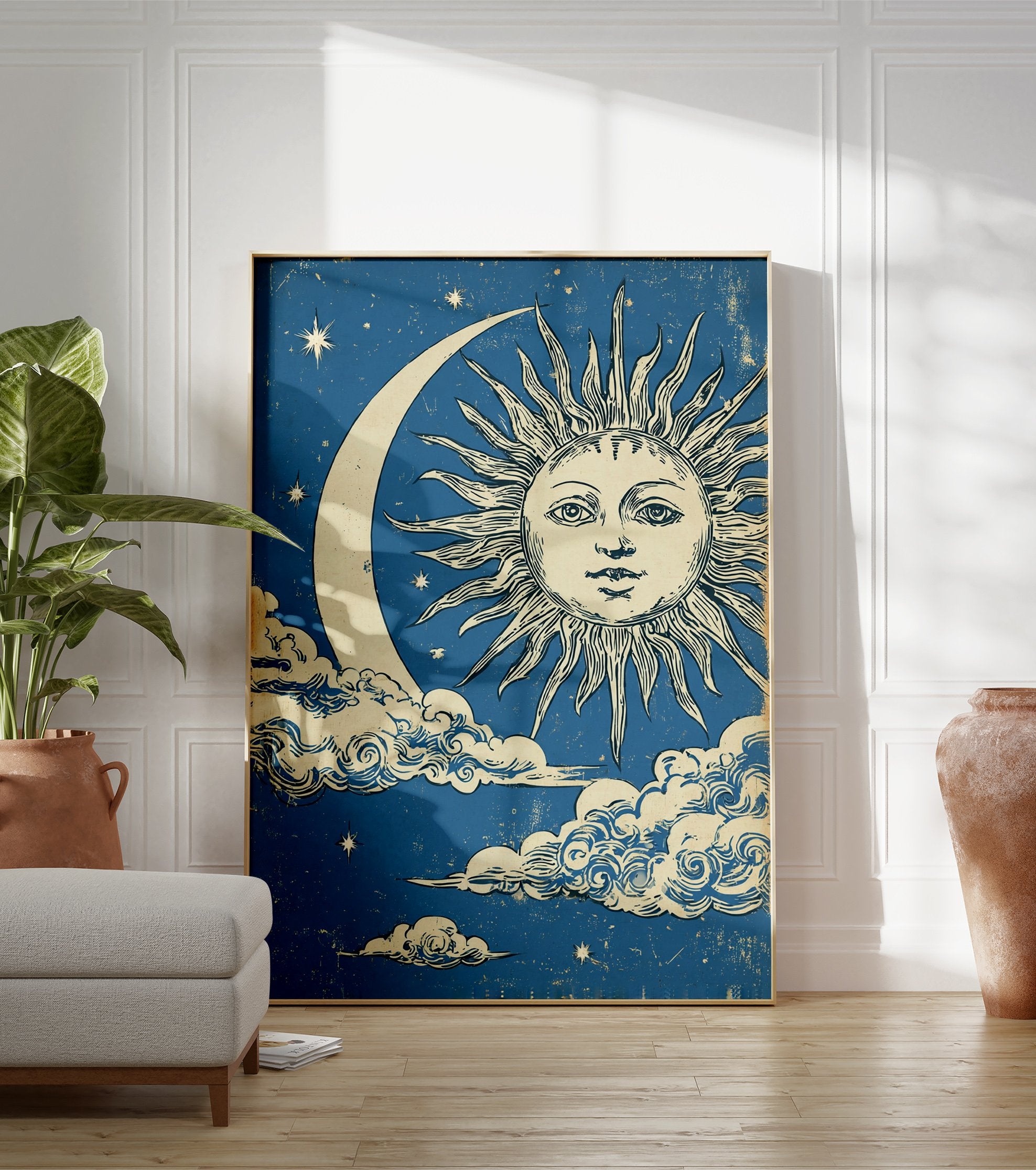Vintage Sun Moon Poster with an illustrated sun face, crescent moon, clouds, and stars on a distressed blue background. - Image 3