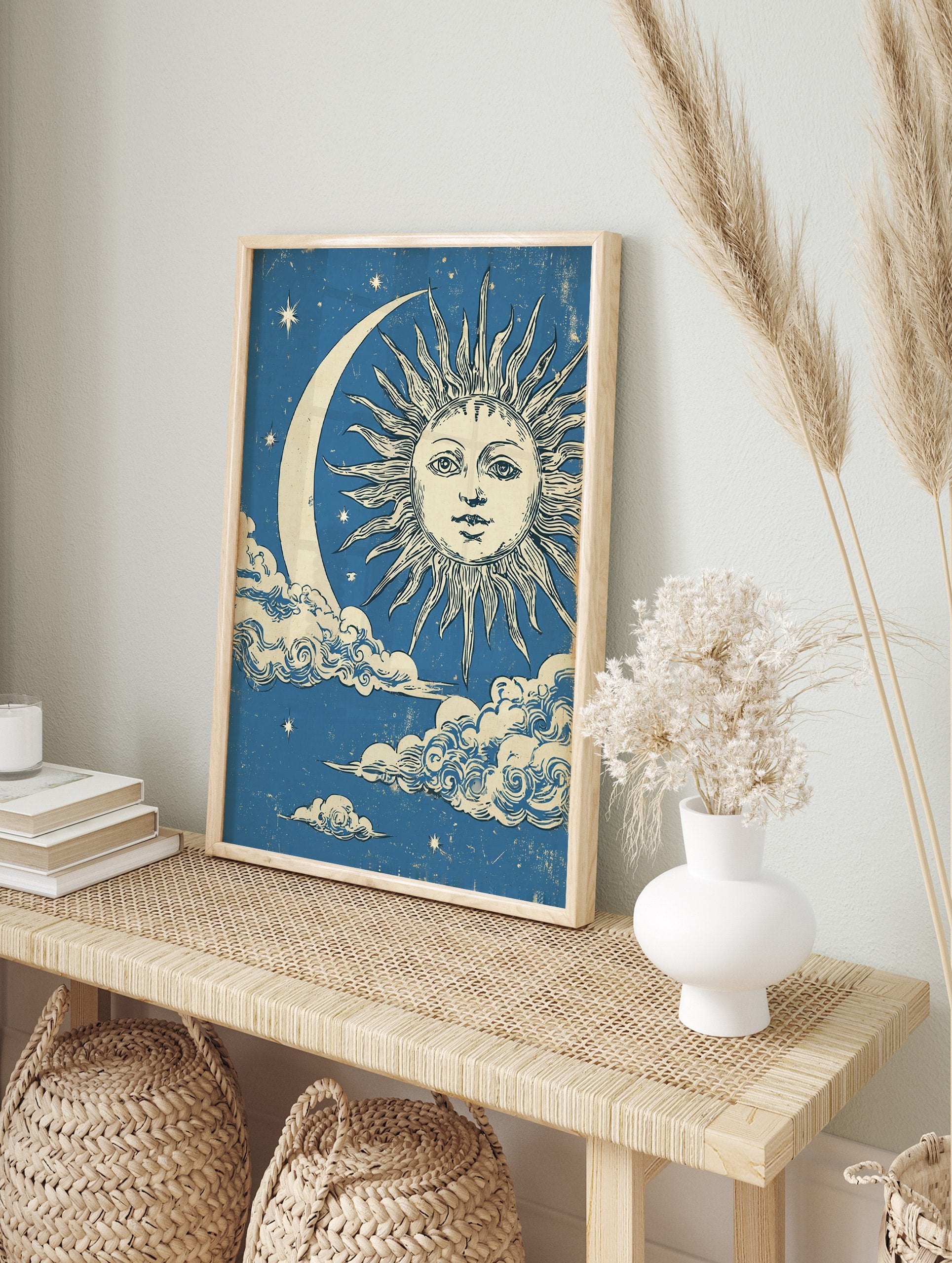 Vintage Sun Moon Poster with an illustrated sun face, crescent moon, clouds, and stars on a distressed blue background. - Image 4
