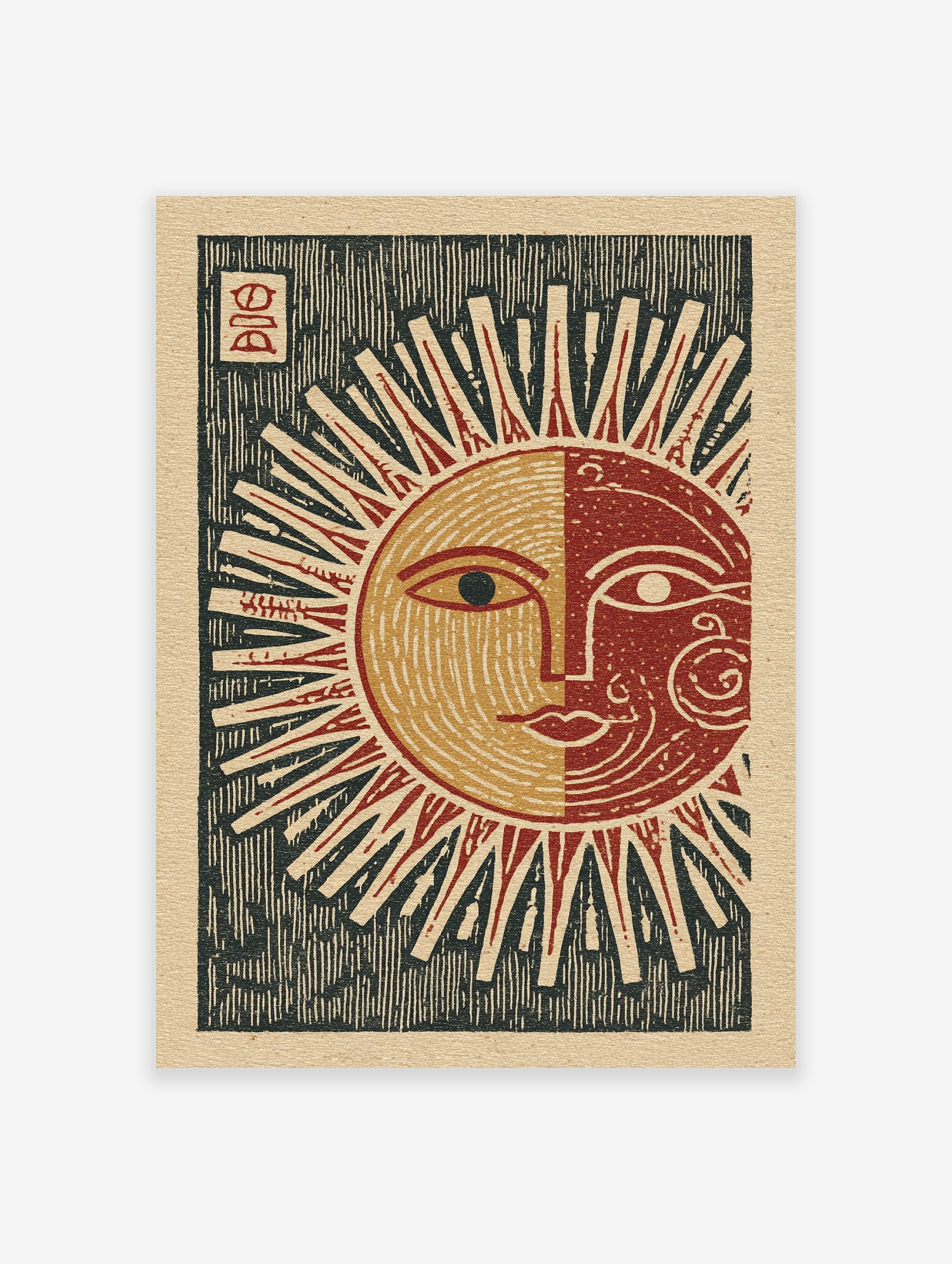 Stylized Sun Moon Wall Art print with a split face in red, gold, and dark green, on a light paper background.