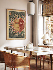 Stylized Sun Moon Wall Art print with a split face in red, gold, and dark green, on a light paper background. - Image 2