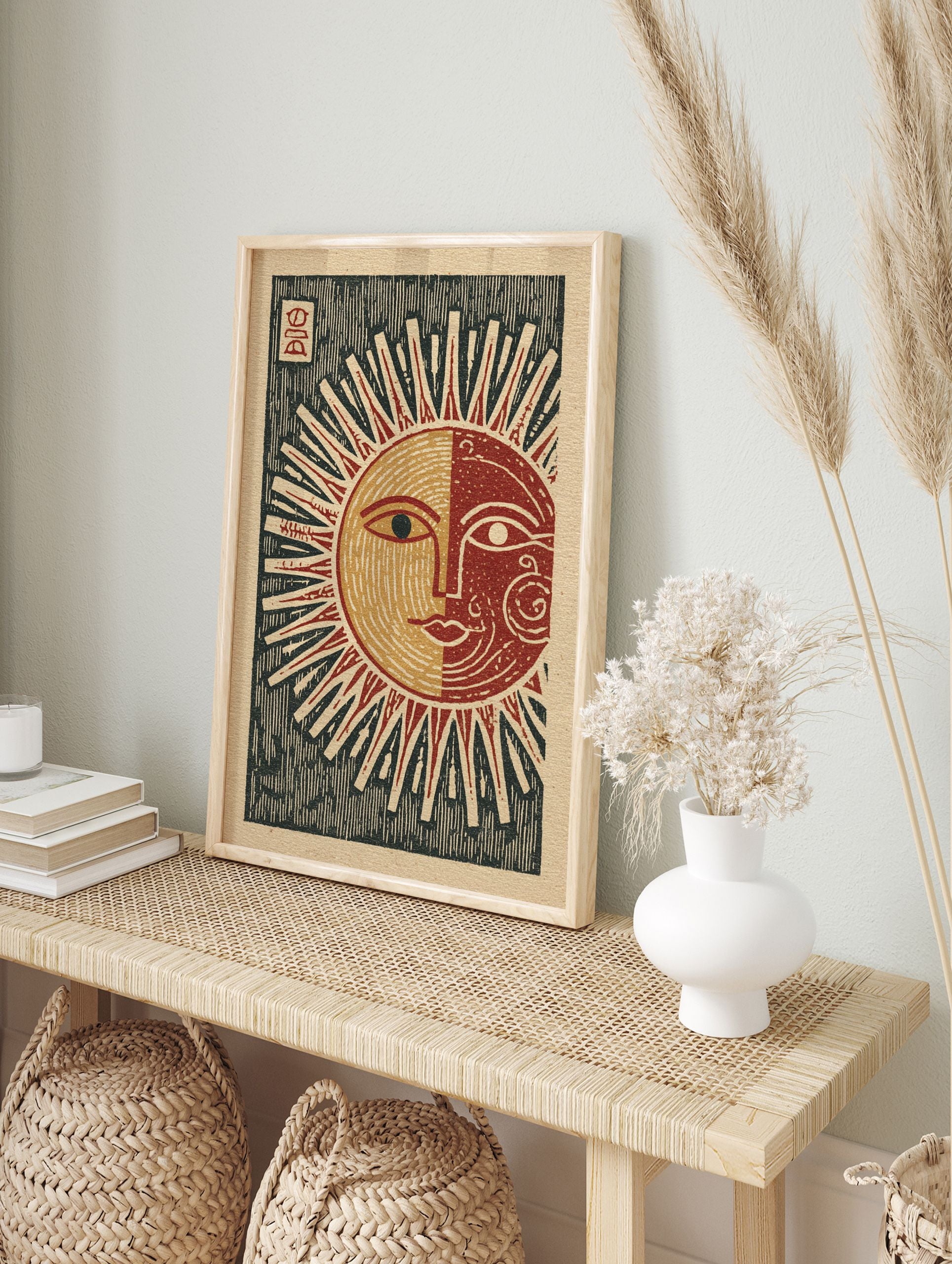Stylized Sun Moon Wall Art print with a split face in red, gold, and dark green, on a light paper background. - Image 3