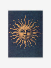 Vintage golden sun illustration with a face and wavy rays on a dark blue textured background, sun wall art print.