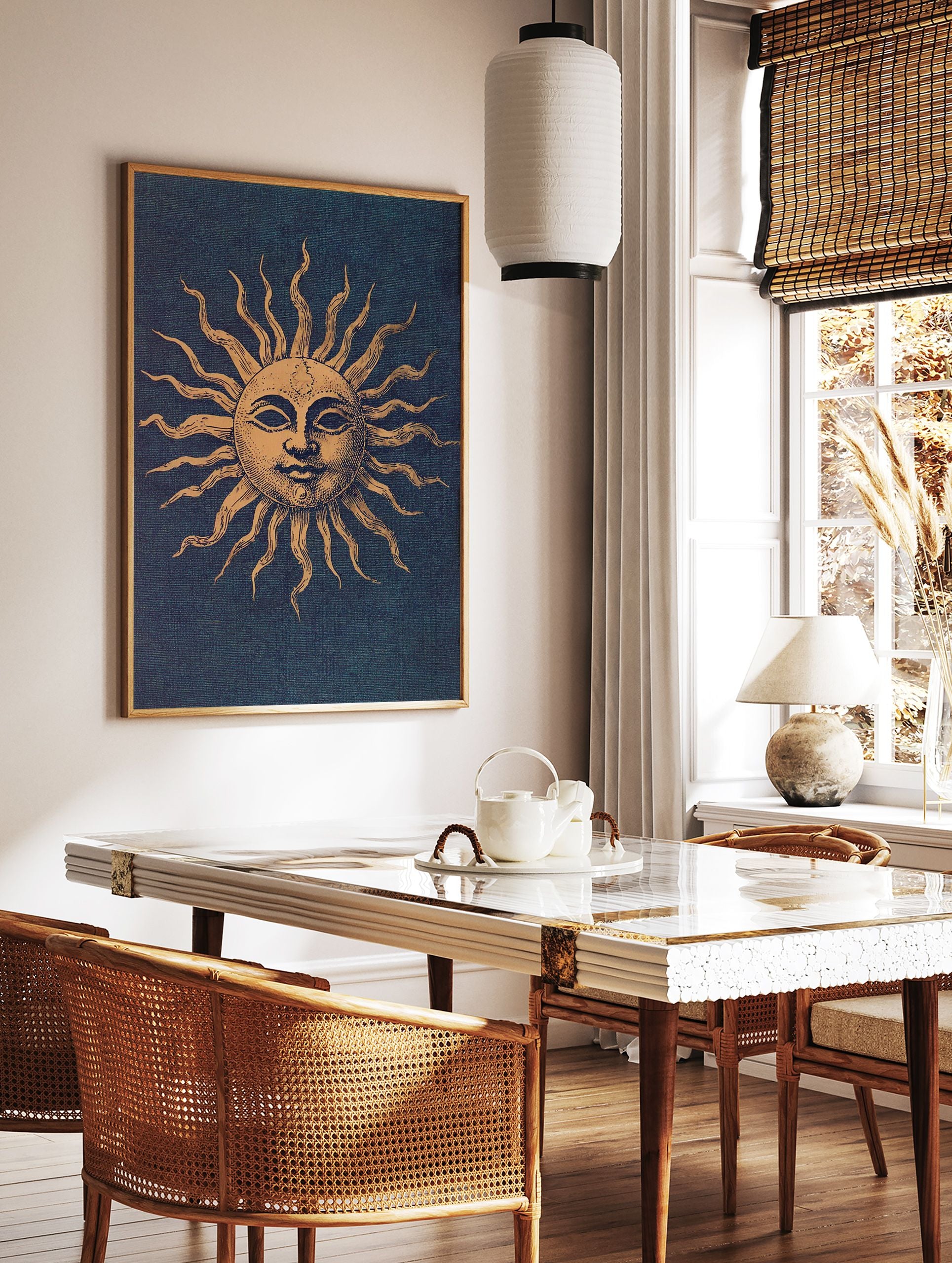 Vintage golden sun illustration with a face and wavy rays on a dark blue textured background, sun wall art print. - Image 2