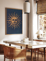 Vintage golden sun illustration with a face and wavy rays on a dark blue textured background, sun wall art print. - Image 2