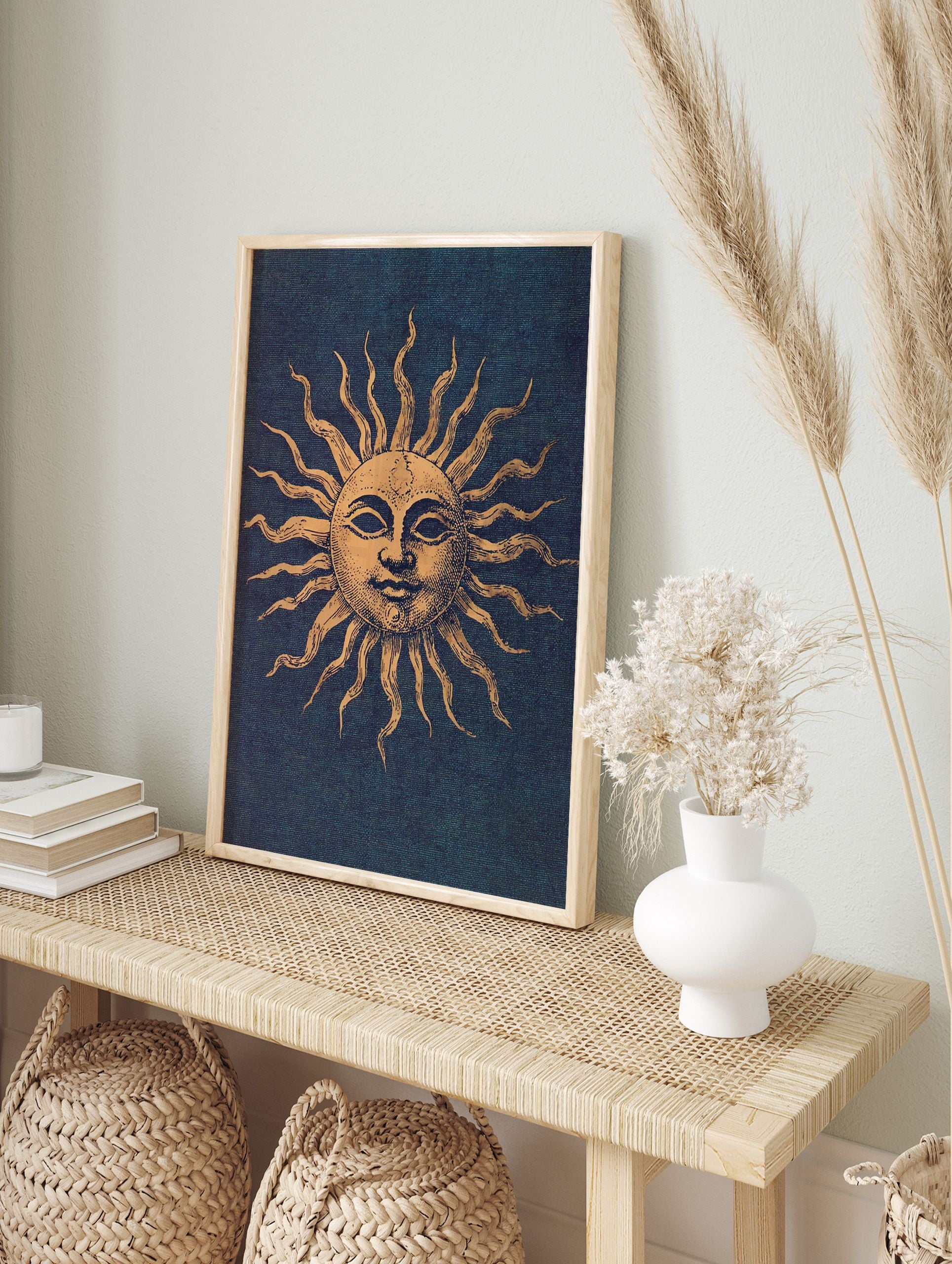 Vintage golden sun illustration with a face and wavy rays on a dark blue textured background, sun wall art print. - Image 3