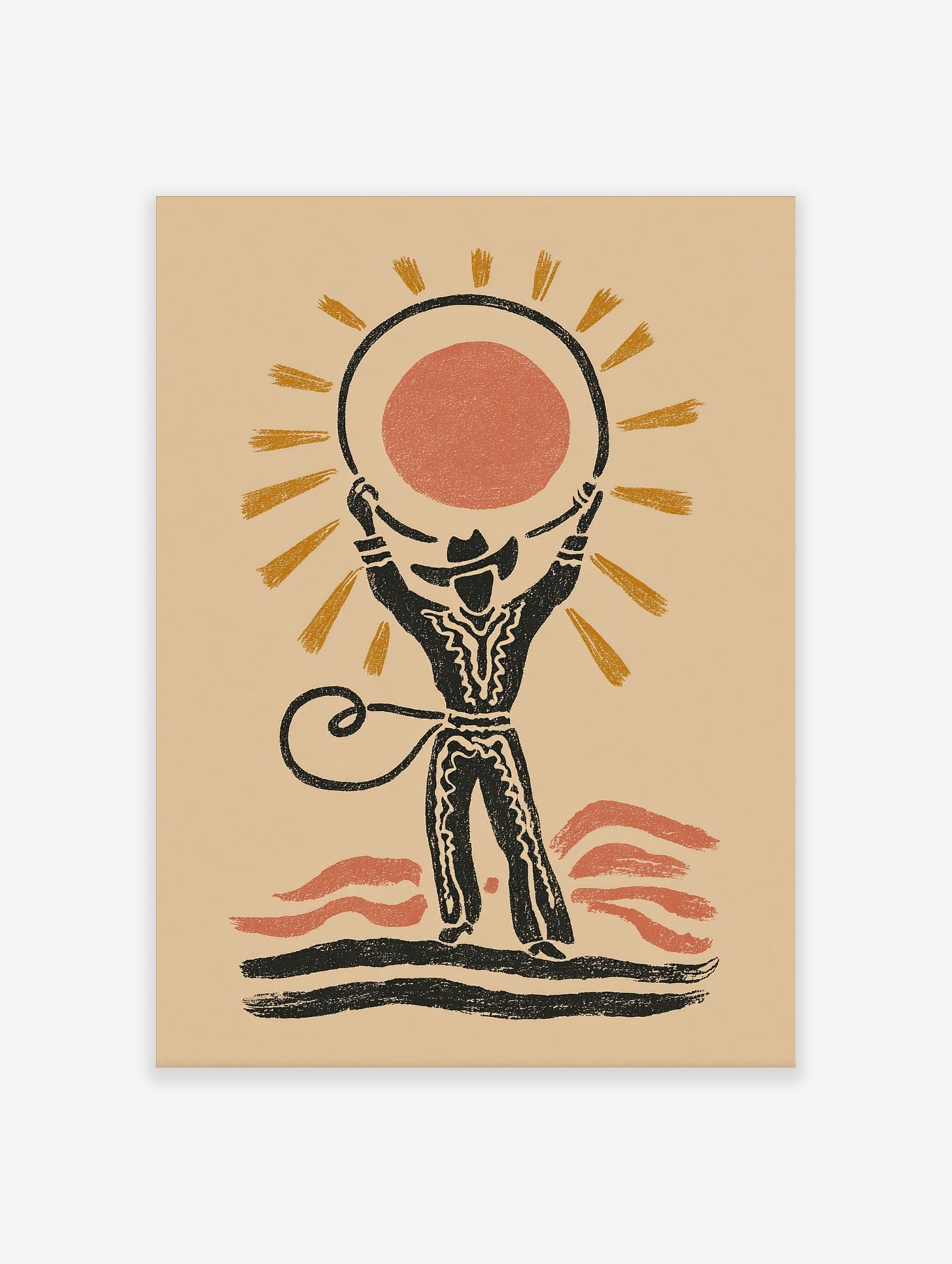 Retro sun worshipper poster with figure holding red sun and yellow rays on beige background