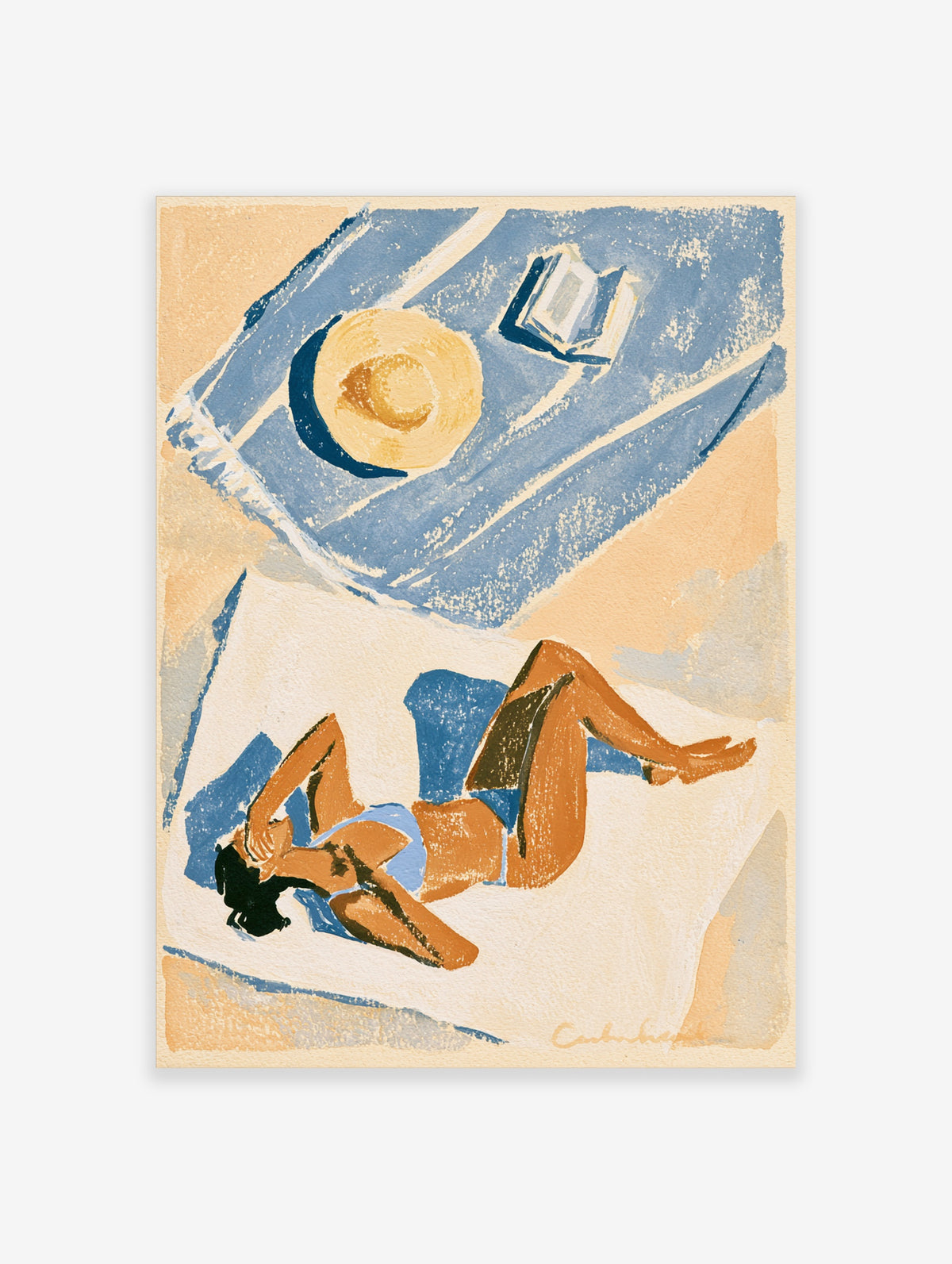 Sunbathing woman beach illustration print with straw hat, open book, and blue towel on sand