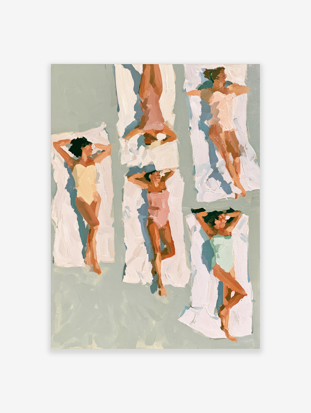 Painterly poster of five sunbathing women on white towels against a sage background