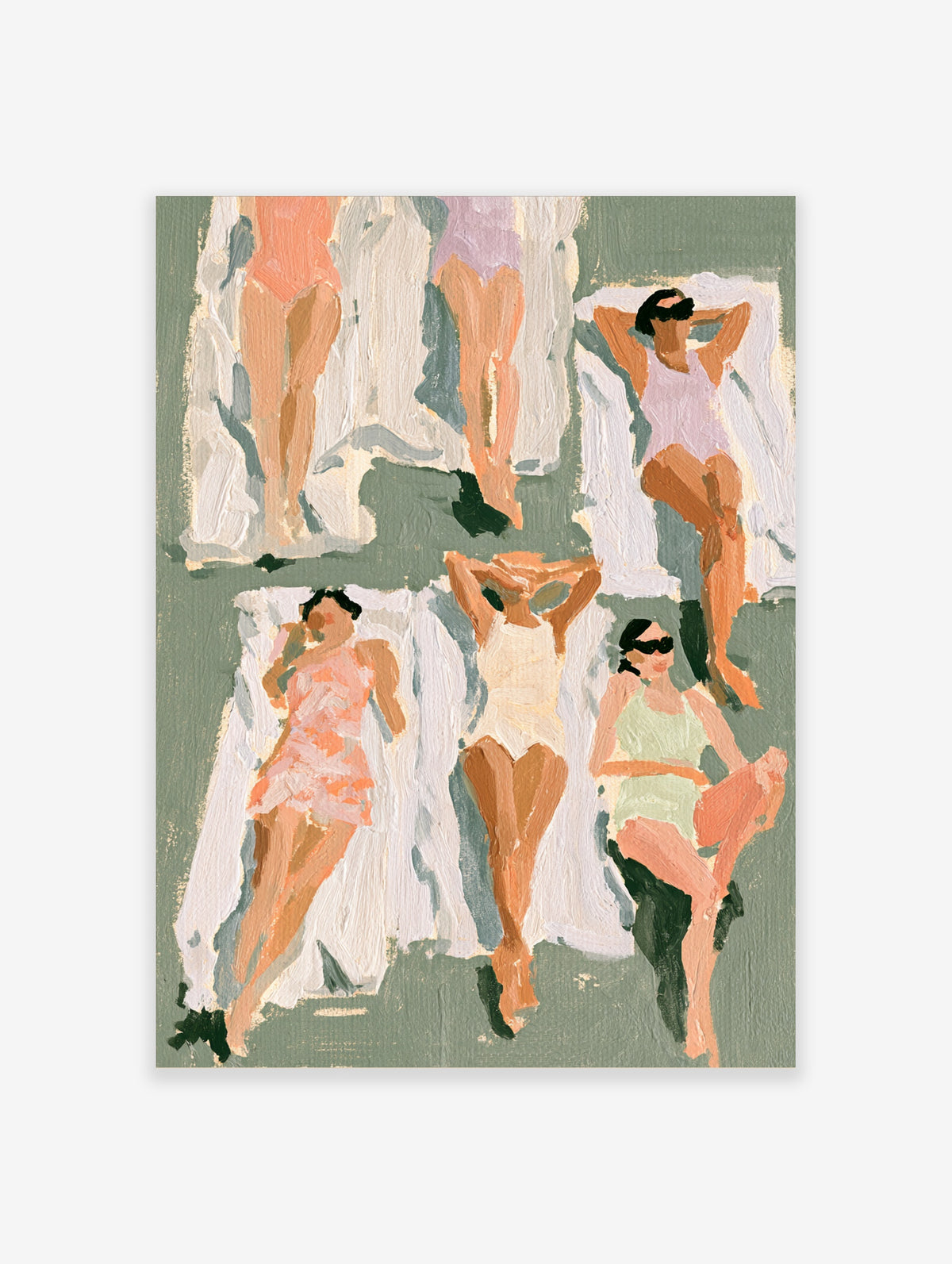 Five women sunbathing on towels in a modern beach art print with sage green background