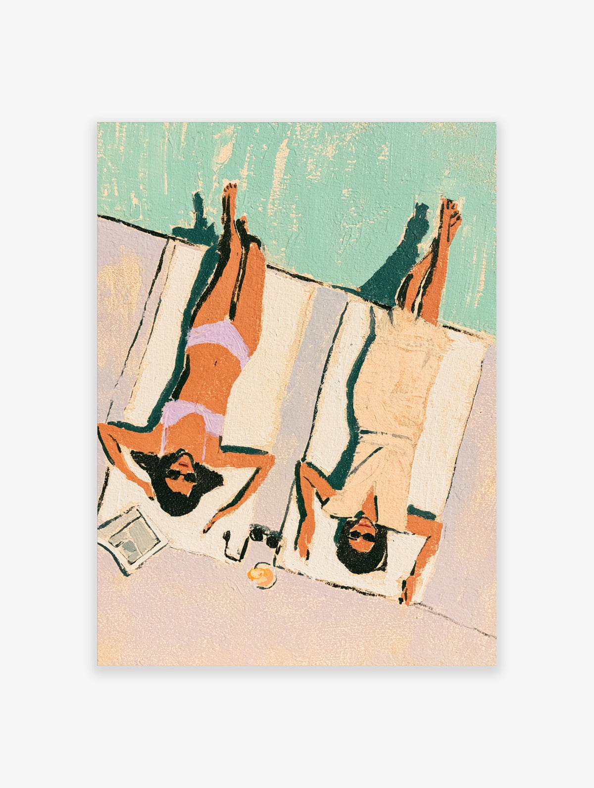 Sunbathing women poster with two figures in bikini and towel on striped loungers under a teal sky