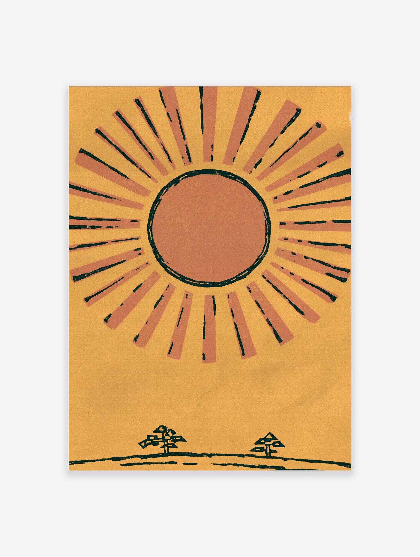 Orange sun with radiating rays on yellow background, two small trees below, stylised illustration art print