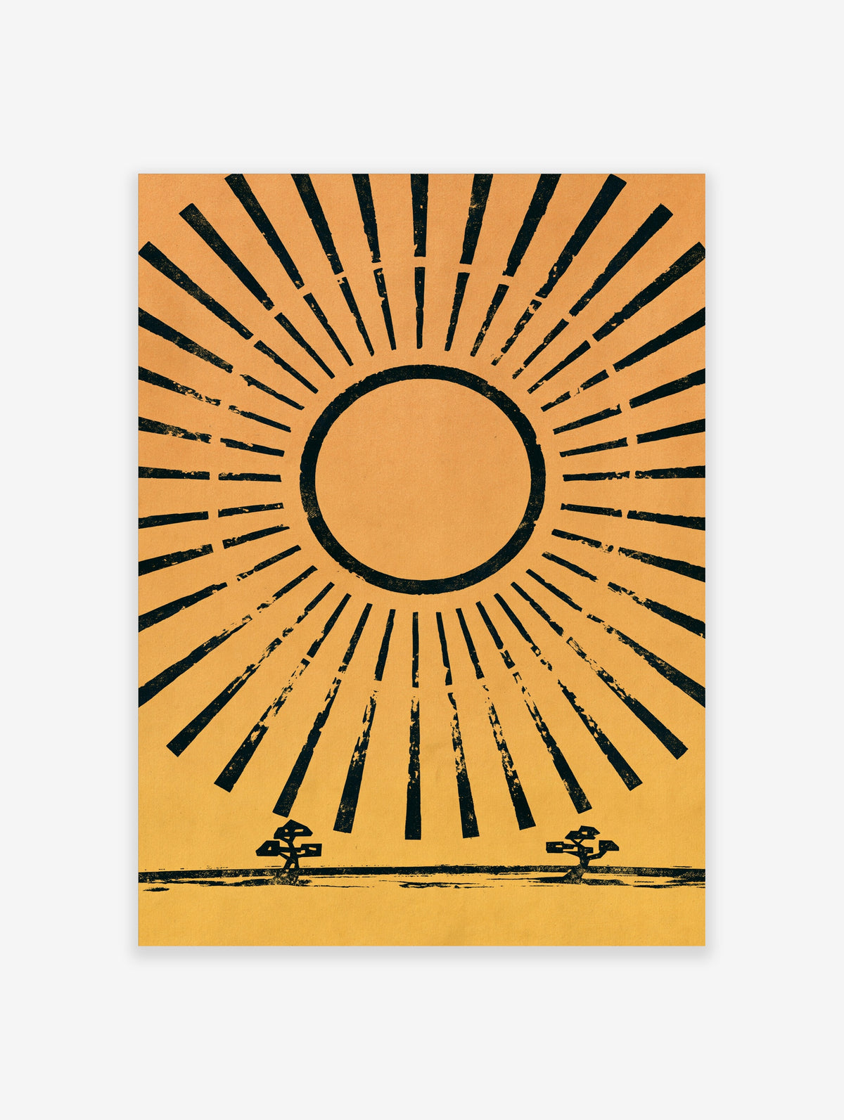Sunburst wall art with black rays radiating from a central circle on yellow background, unframed paper print