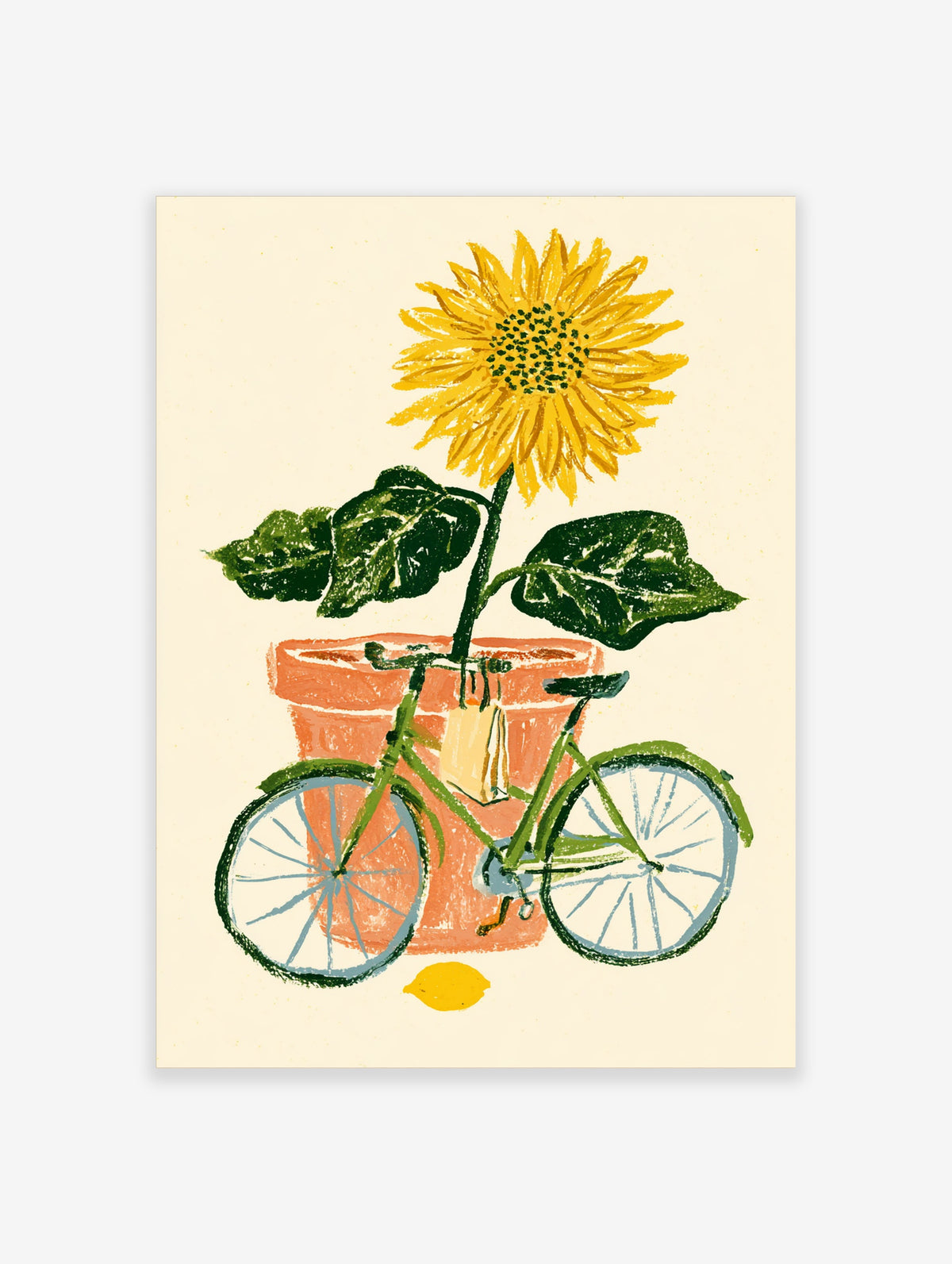 Yellow sunflower in terracotta pot behind green bicycle art print with lemon
