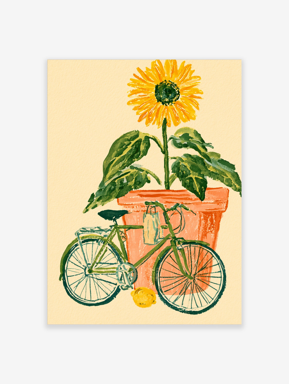 Sunflower in terracotta pot with green bicycle and lemon on cream background art print