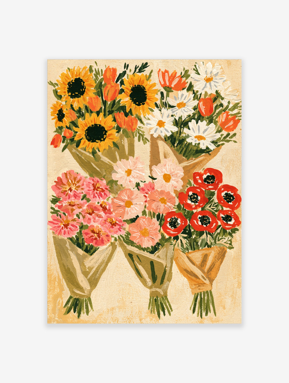 Colourful sunflower and poppy bouquet poster with pink and white daisies in paper wraps