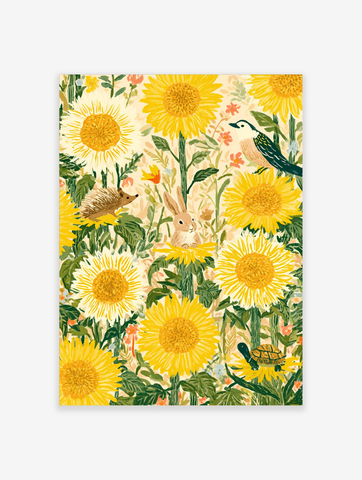 Colourful sunflower art print with hedgehog, rabbit, bird and turtle among yellow flowers and green leaves