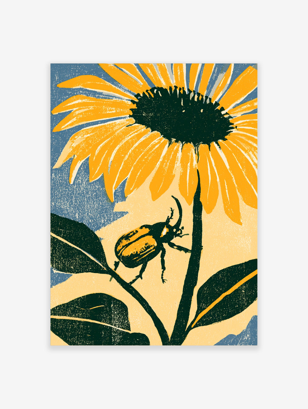 Yellow sunflower and scarab beetle art print with green stem and blue background