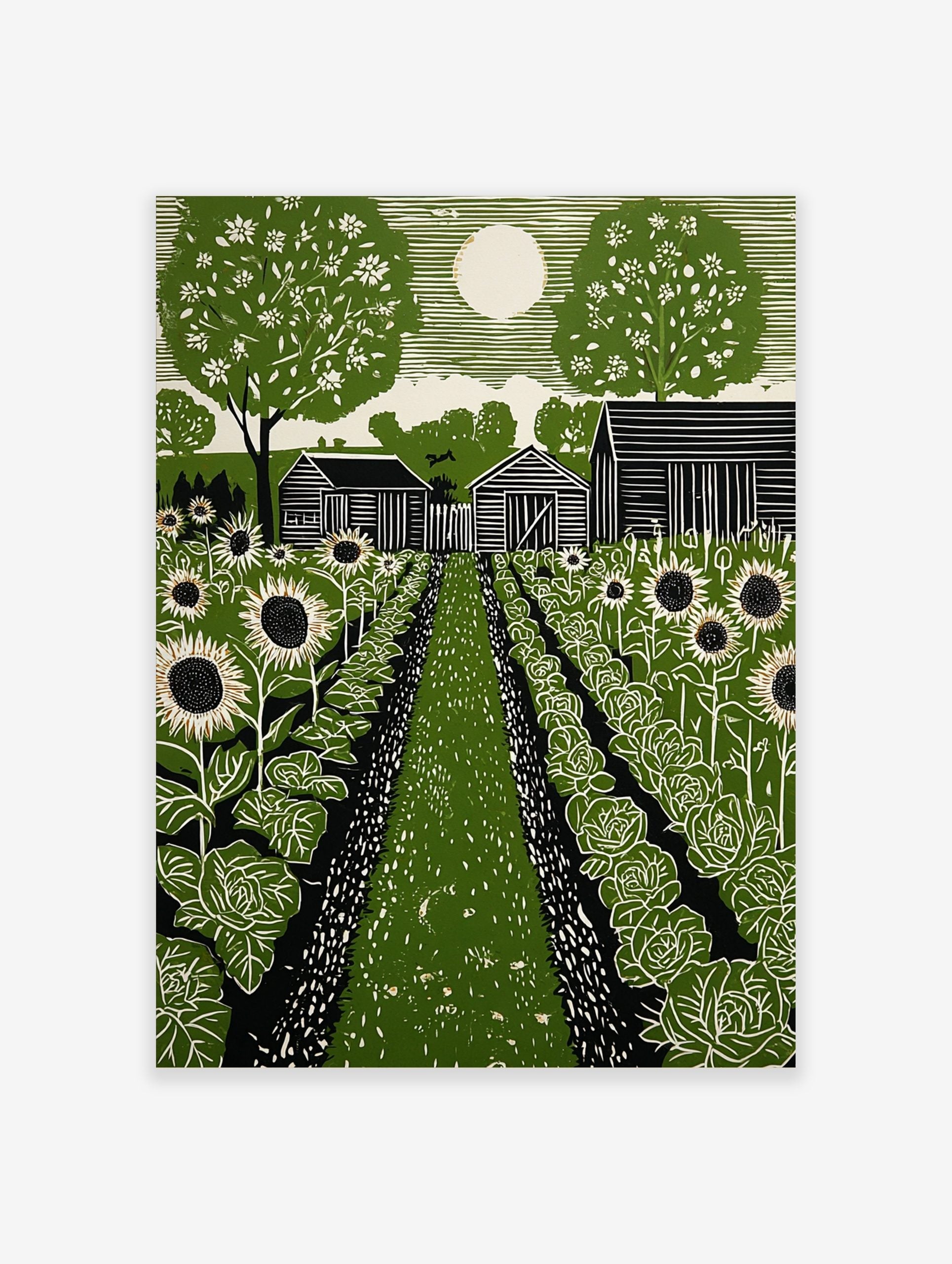 Green linocut style print of a garden with sunflowers, cabbages, farm buildings, and a large white moon