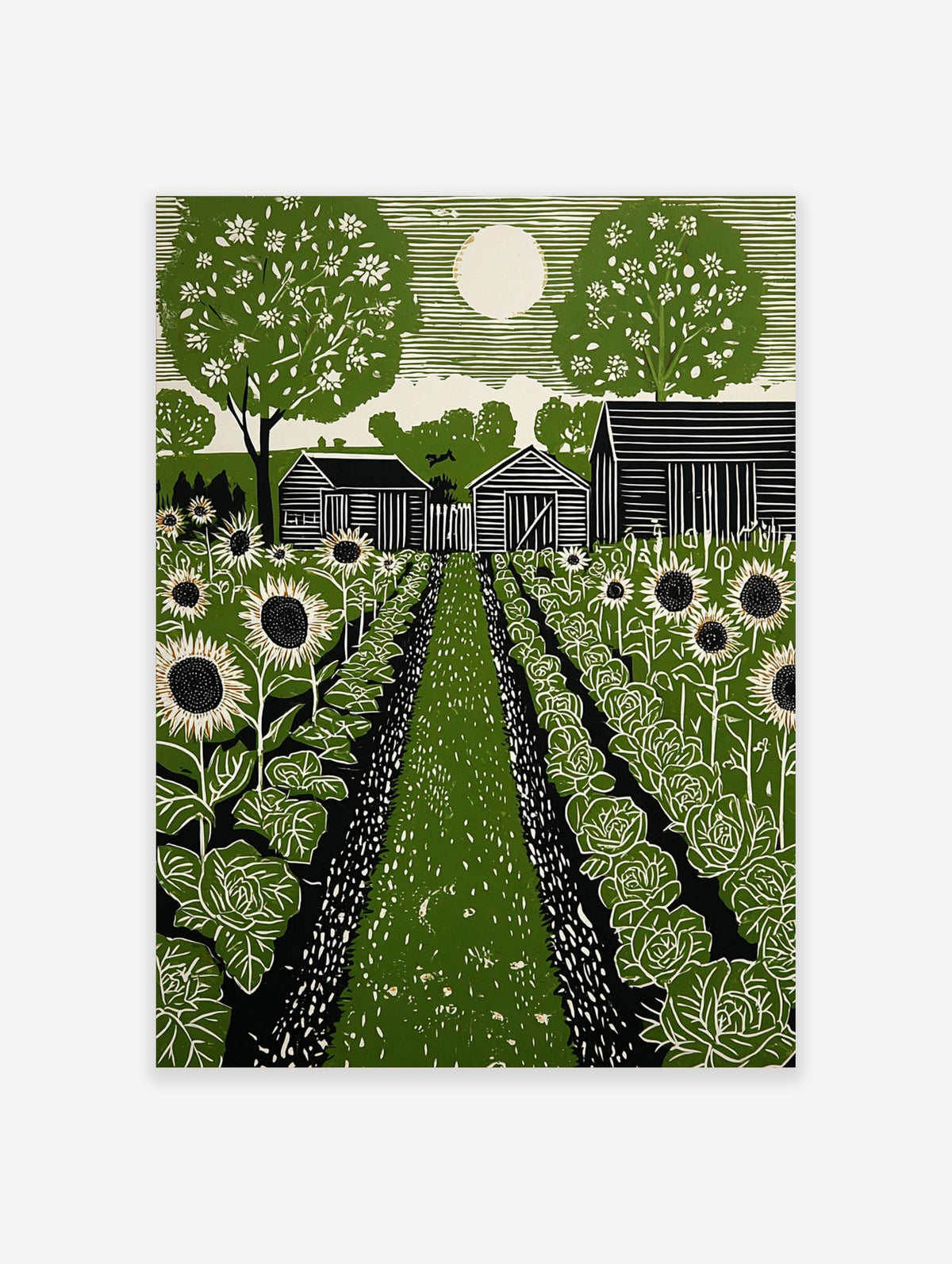 Green linocut style print of a garden with sunflowers, cabbages, farm buildings, and a large white moon