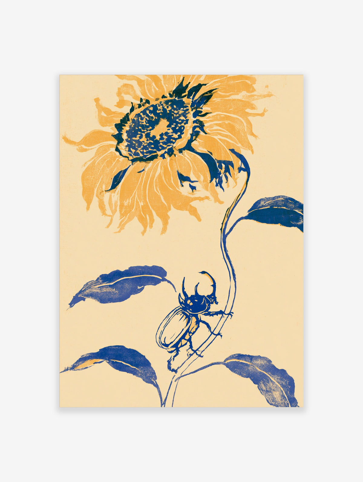 Blue and yellow sunflower art print with stag beetle on stem, botanical illustration on cream background