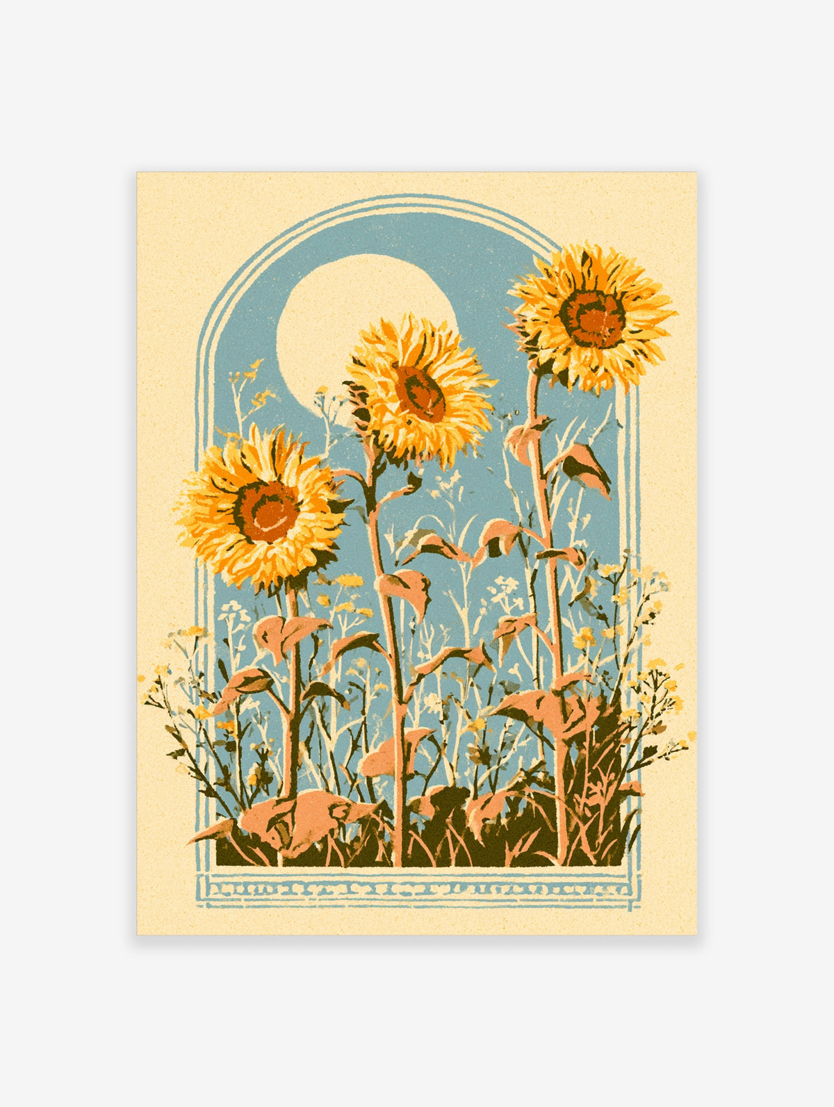Sunflower arch art print with three golden blooms, blue sky, and pale moon on cream background