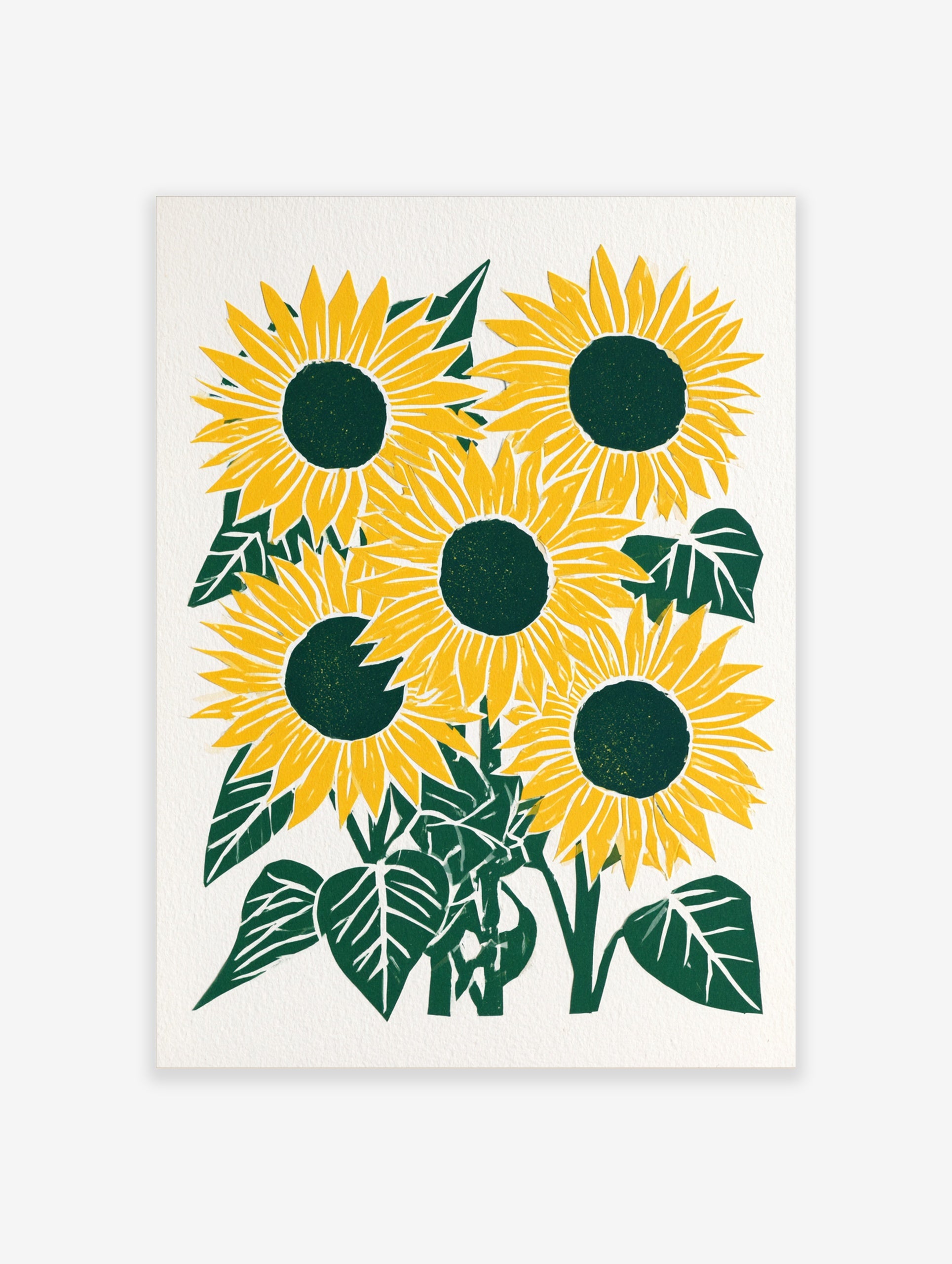 Five illustrative sunflowers with yellow petals and dark green centres on a white background botanical wall art print