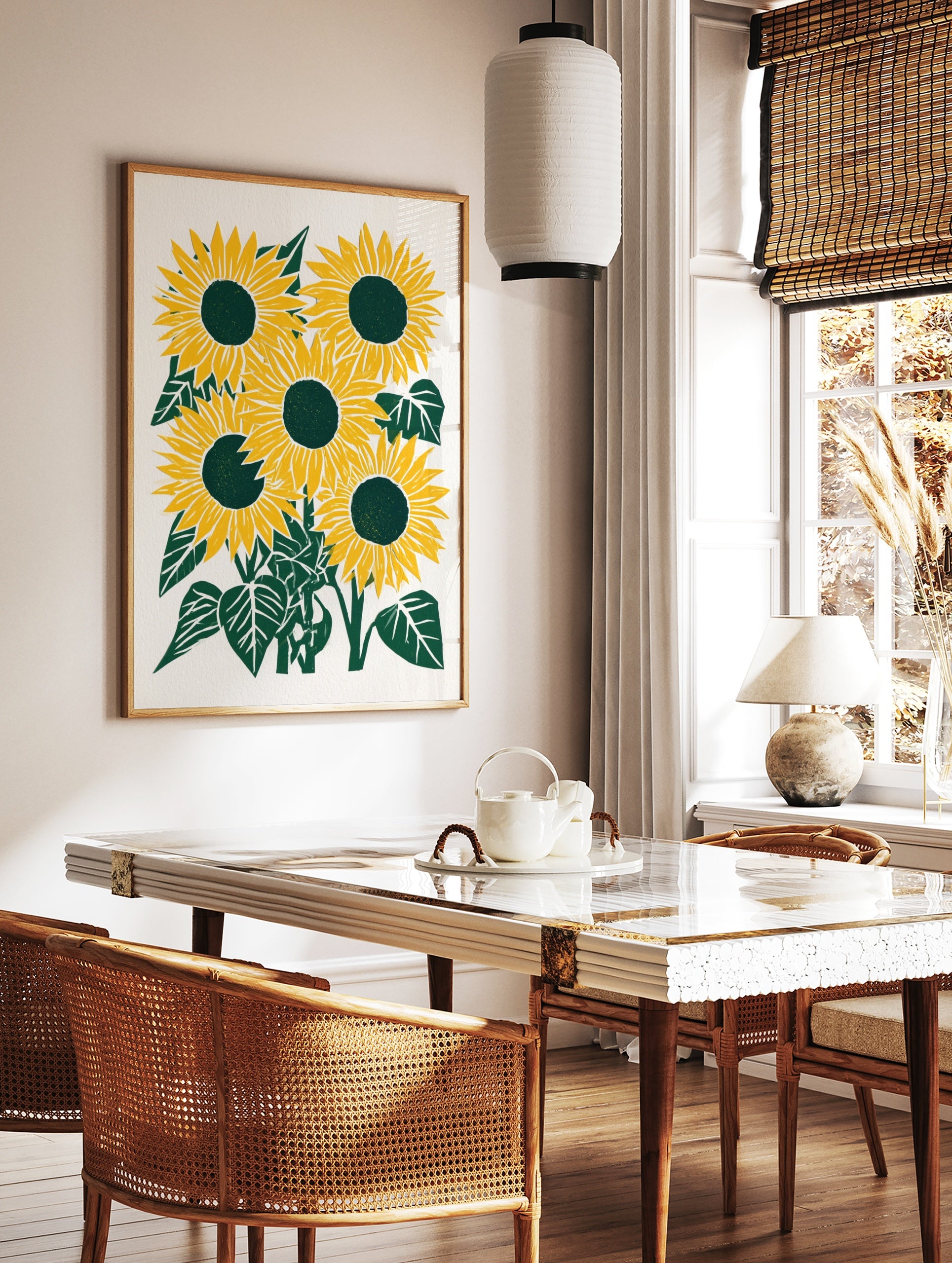 Five illustrative sunflowers with yellow petals and dark green centres on a white background, in a styled room mockup