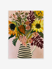 Illustrative sunflower and pink floral bouquet in a striped jug on a pink background, botanical wall art print