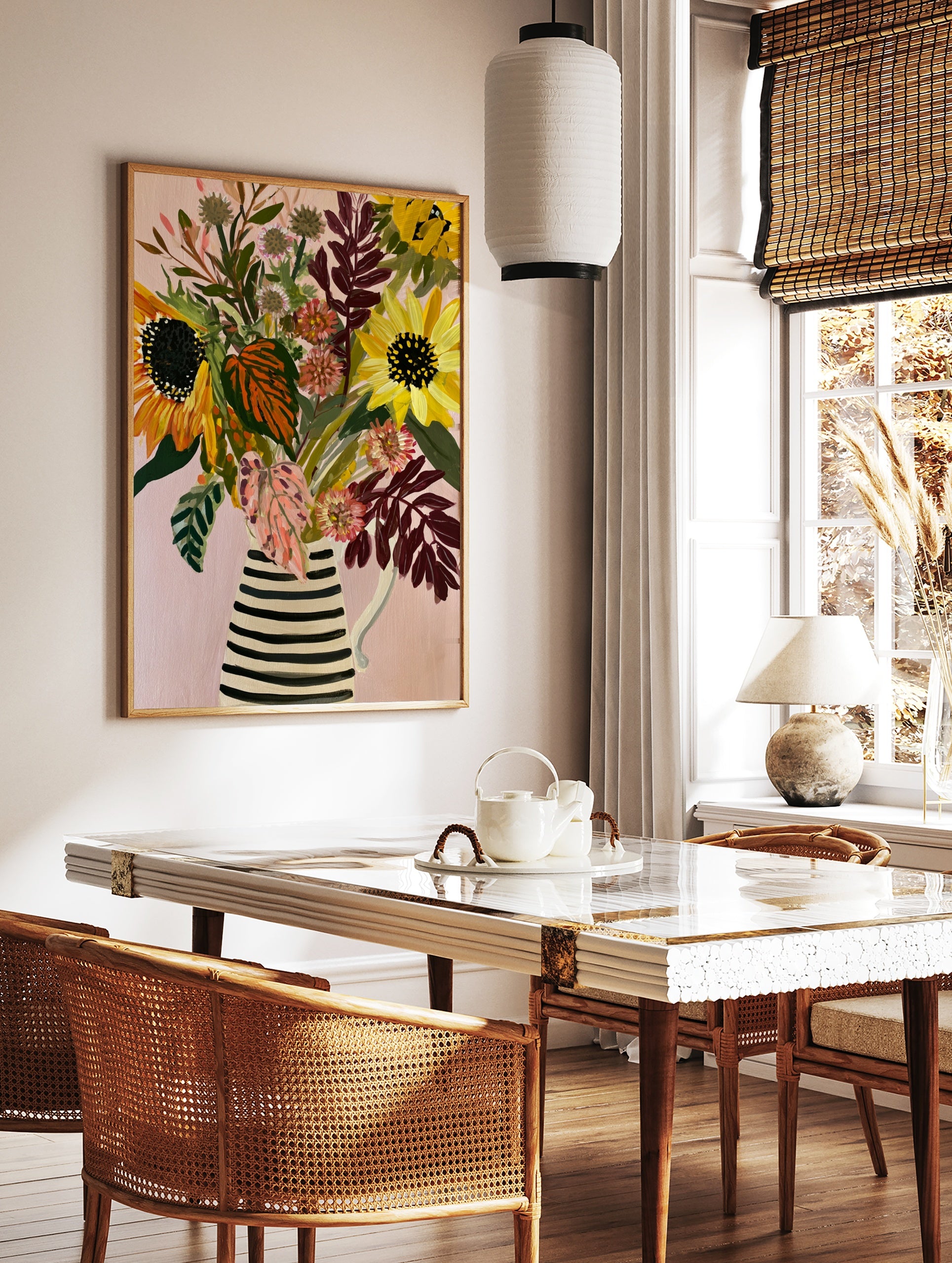 Illustrative sunflower and pink floral bouquet in a striped jug on a pink background, botanical, in a styled room mockup