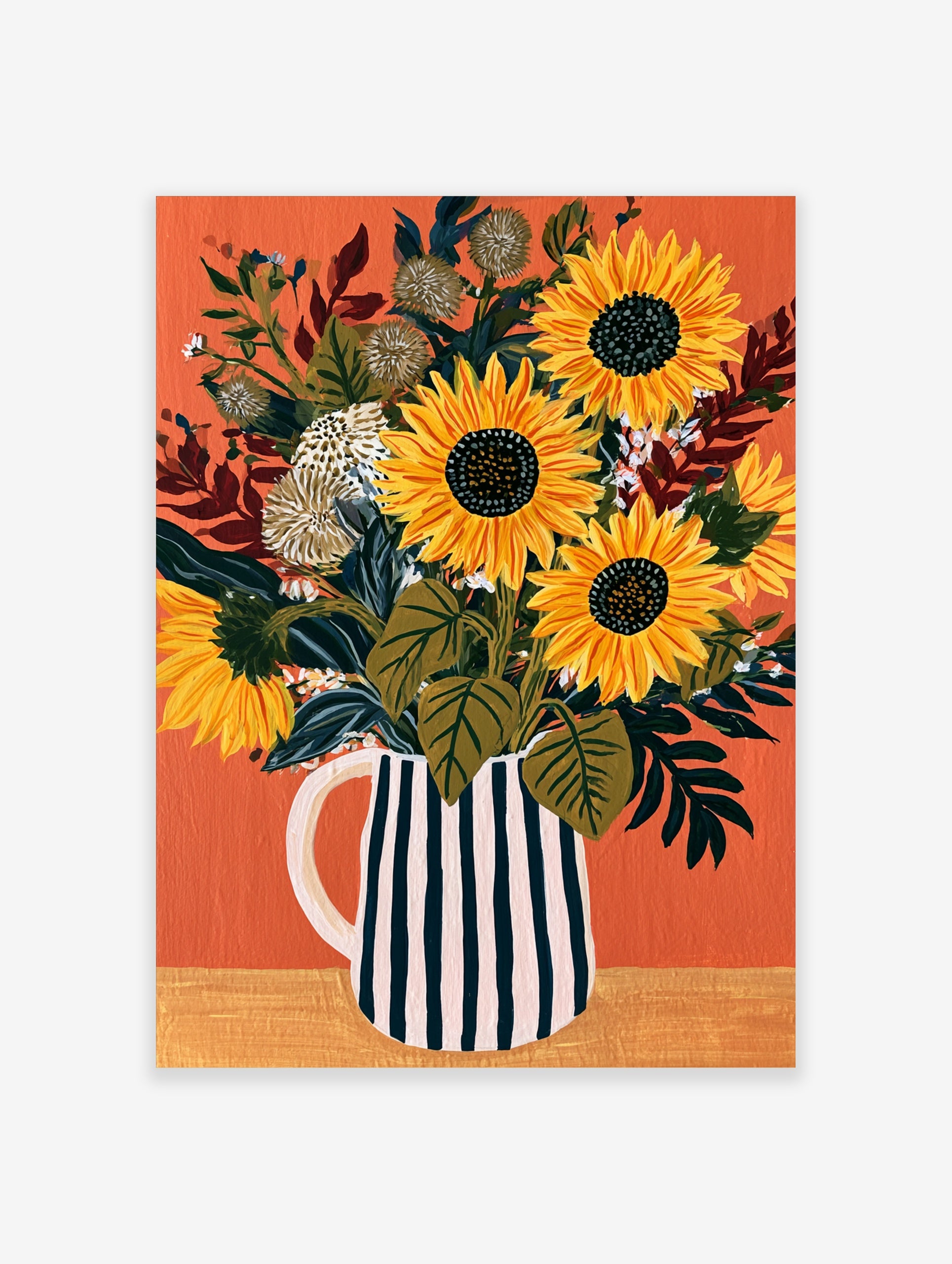 Sunflower bouquet in a black and white striped pitcher on an orange background, illustrative floral wall art print