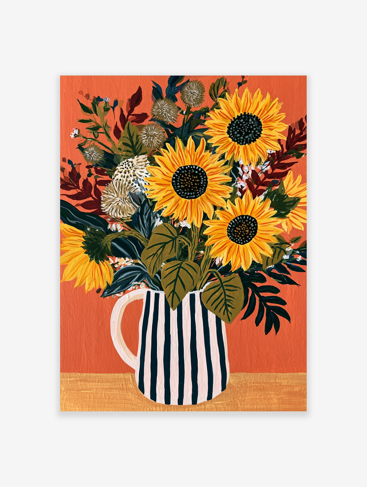 Sunflower bouquet in a black and white striped pitcher on an orange background, illustrative floral wall art print