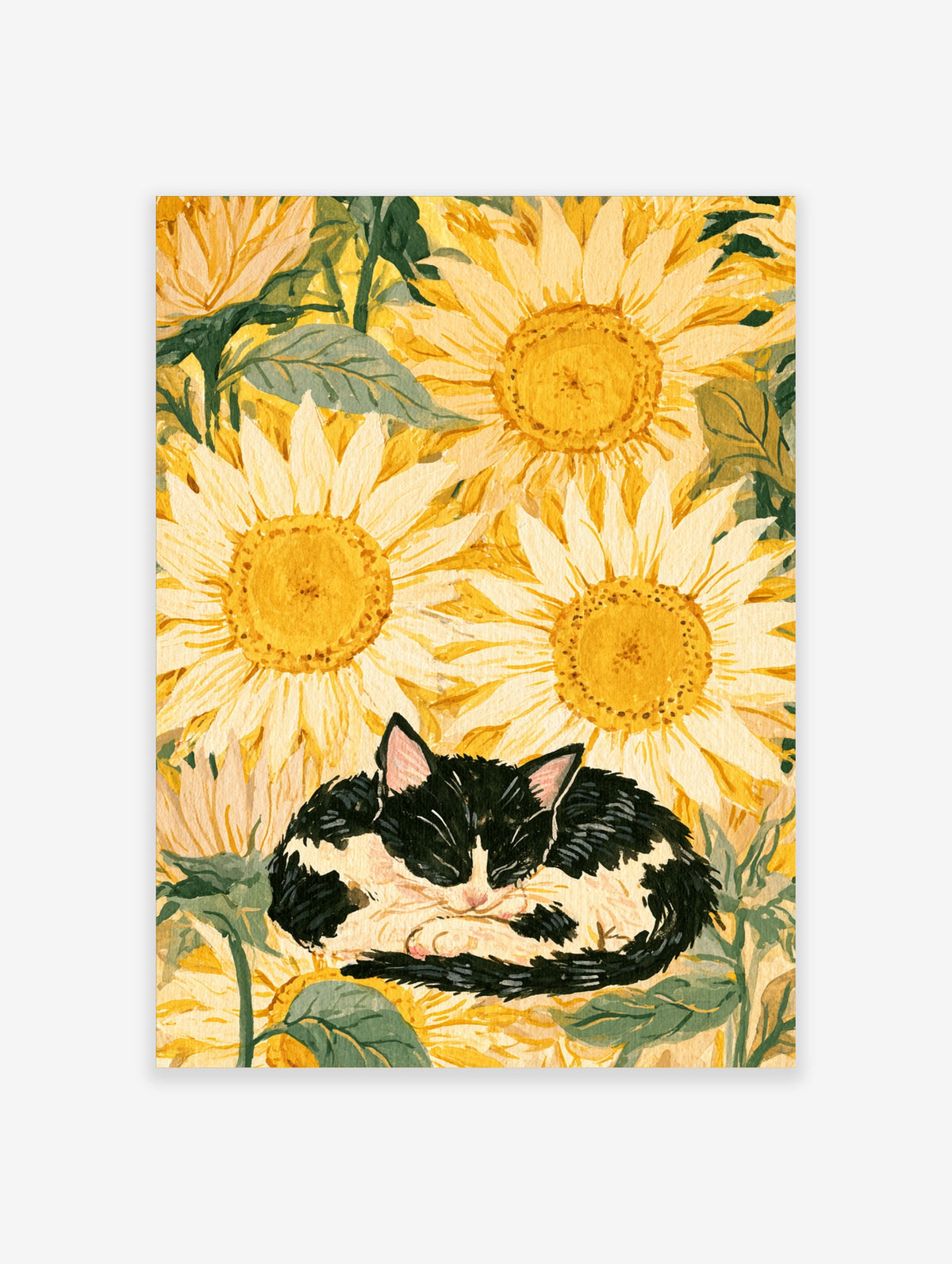 Black and white cat sleeping among large yellow sunflowers and green leaves illustration