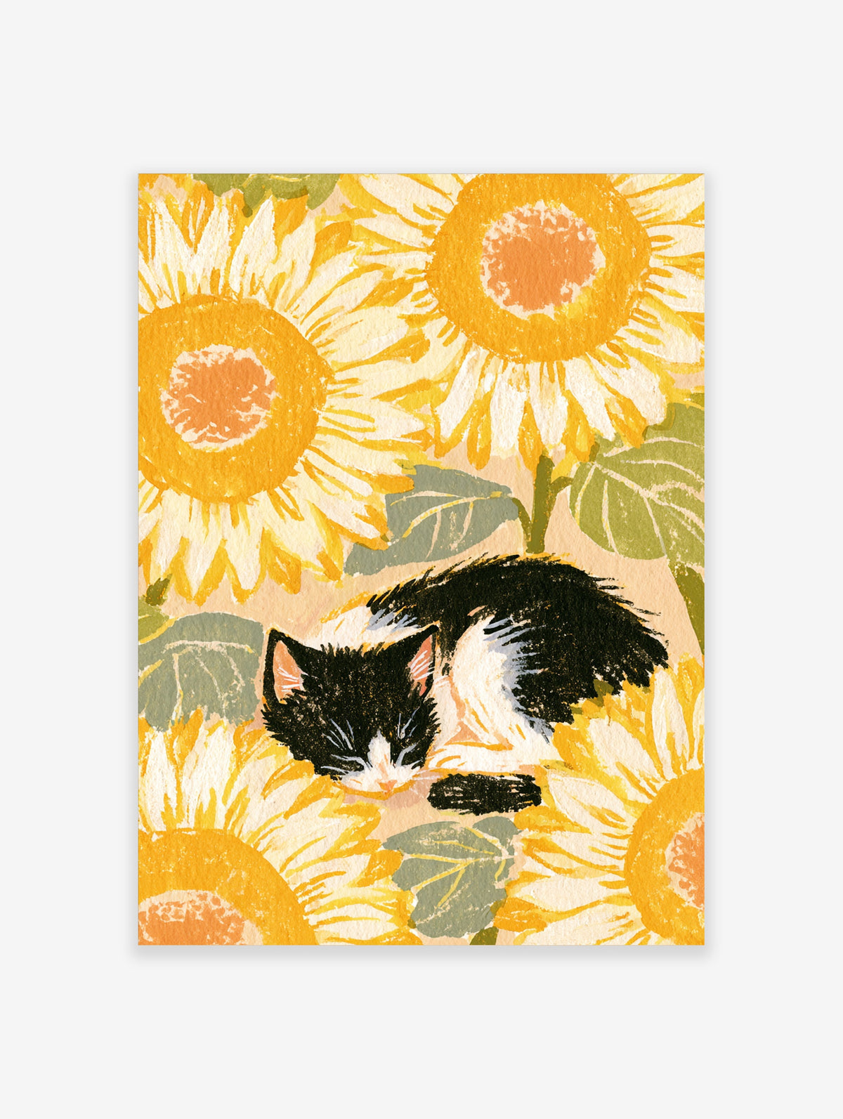 Black and white kitten sleeping among large yellow sunflowers and green leaves, floral cat art print