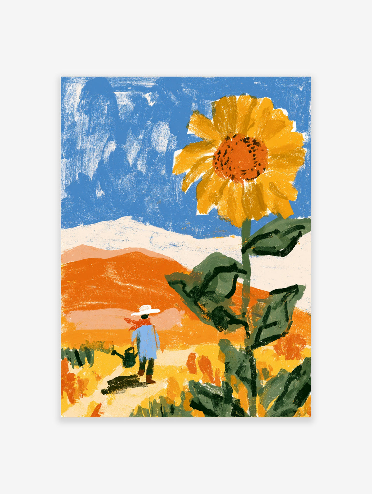 Sunflower field poster with gardener watering crops, orange hills and blue sky art print