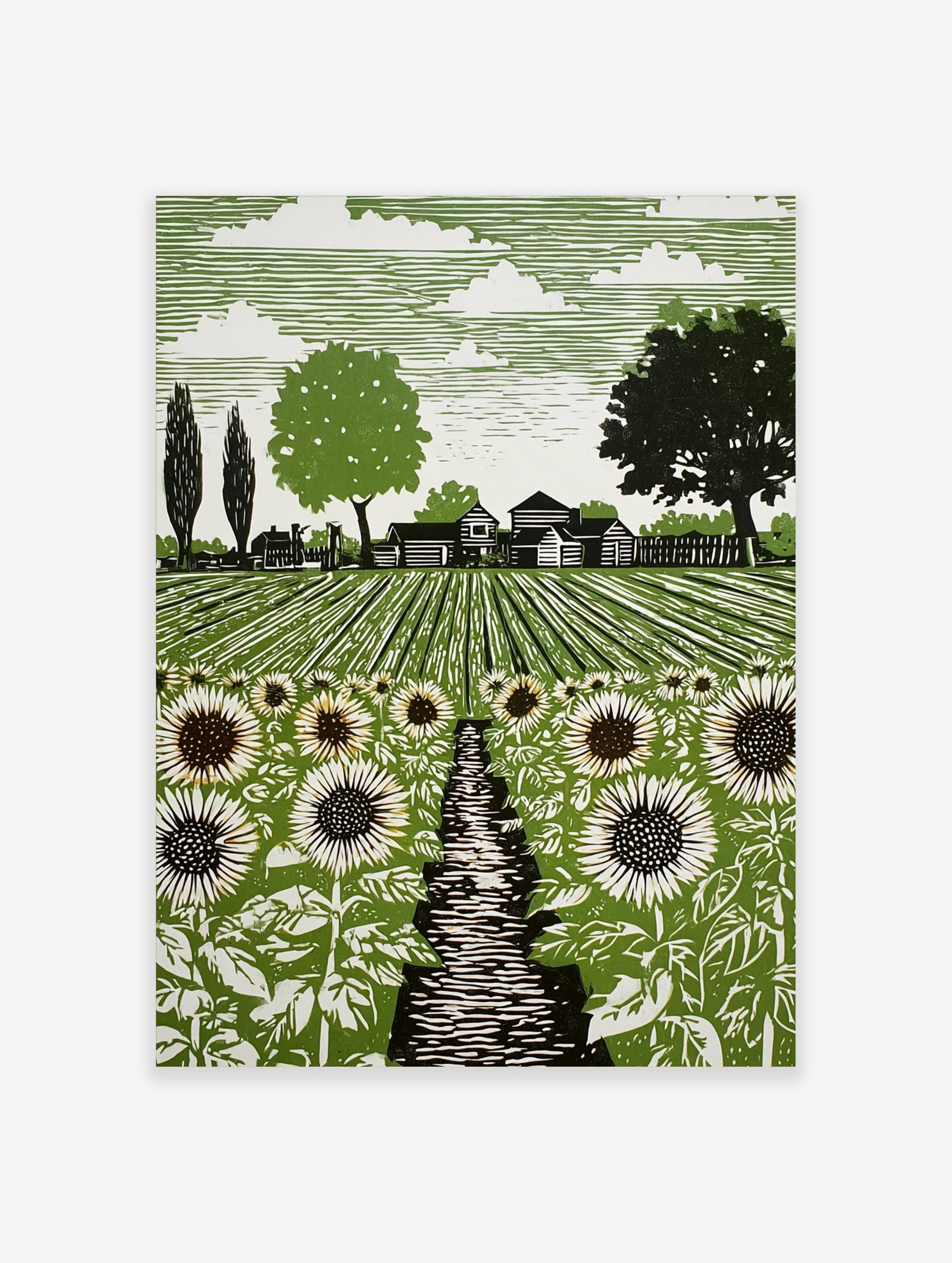 Linocut style art print of a sunflower field with a path, farmhouses, and trees under a striped sky
