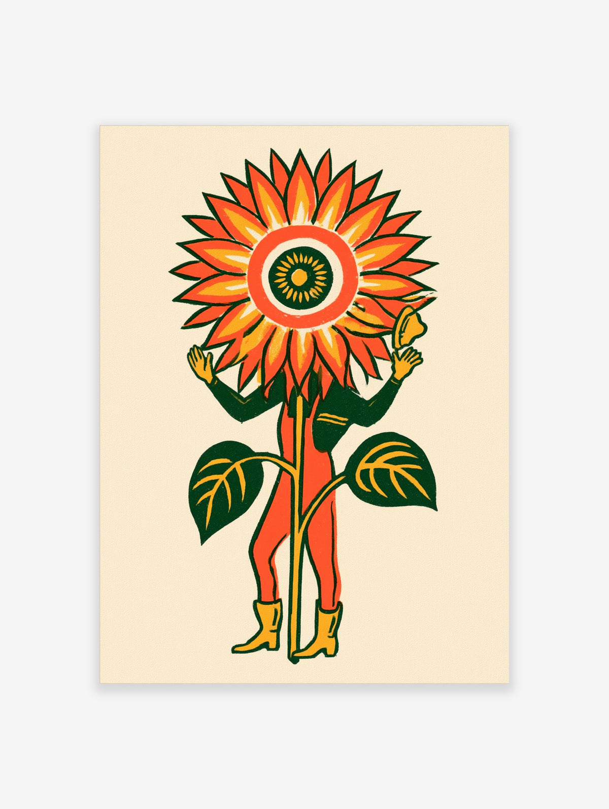 Surreal figure with sunflower head, green suit, and yellow boots on cream background art print