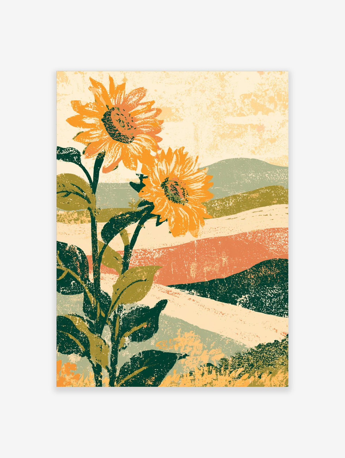 Retro sunflower landscape art print with two orange flowers and rolling hills in green and coral