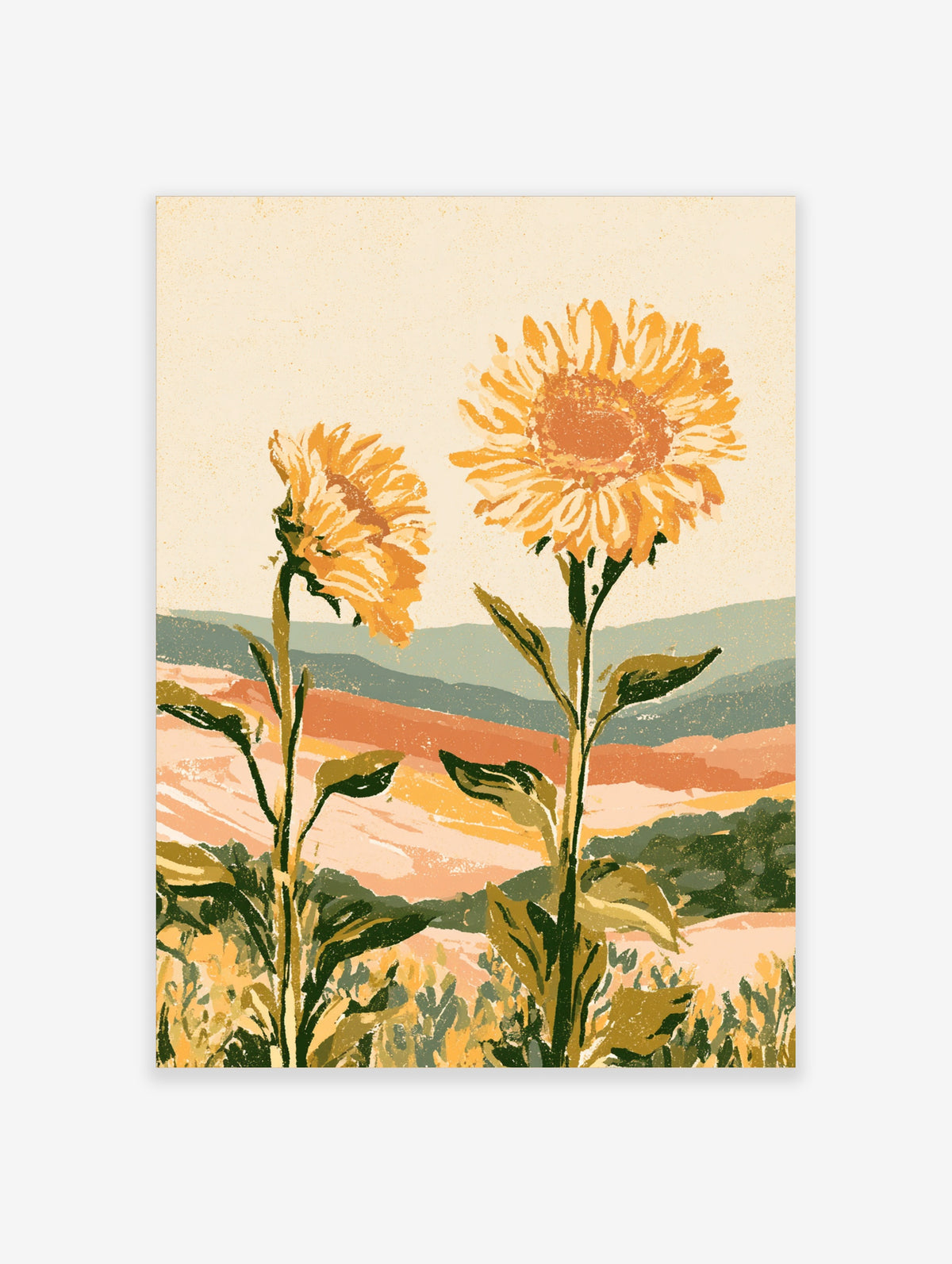 Golden sunflowers against layered hills, unframed paper print in warm yellow and green