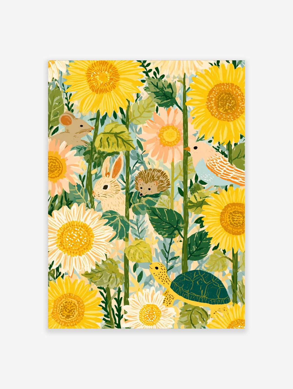 Sunflower meadow art print with mouse, rabbit, hedgehog, bird, and turtle among yellow blooms and green leaves