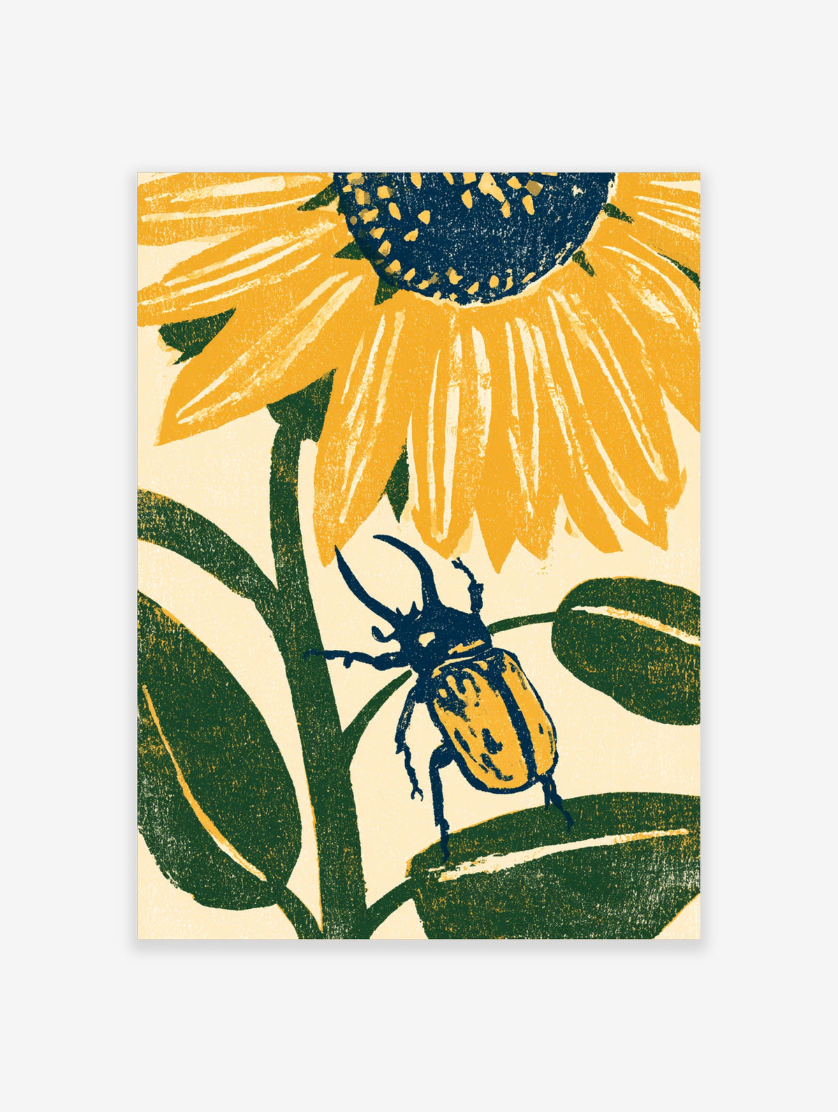 Yellow sunflower and blue stag beetle art print on cream background