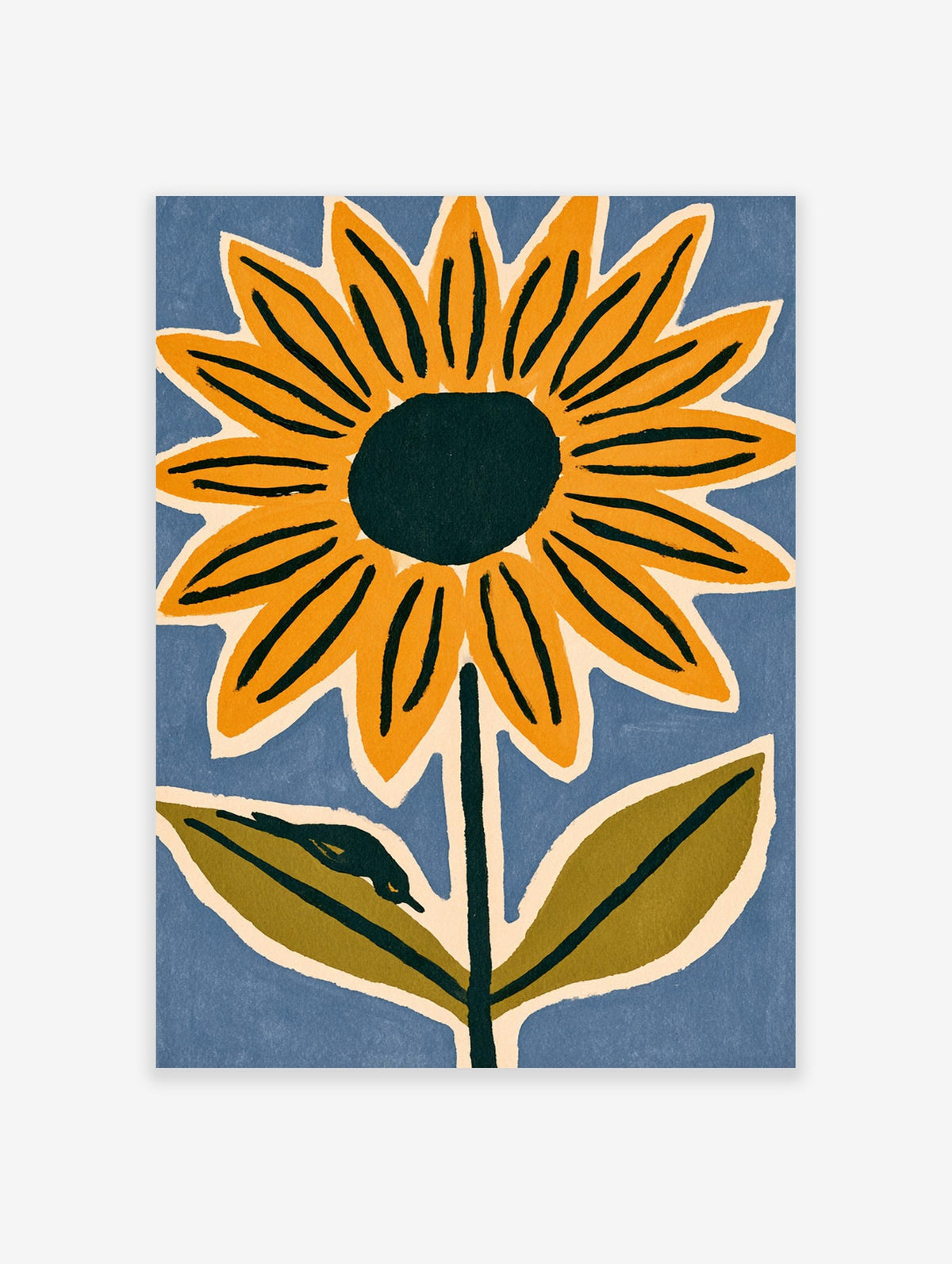 Bold sunflower botanical illustration with yellow petals and a dark centre on a blue background, modern floral art print