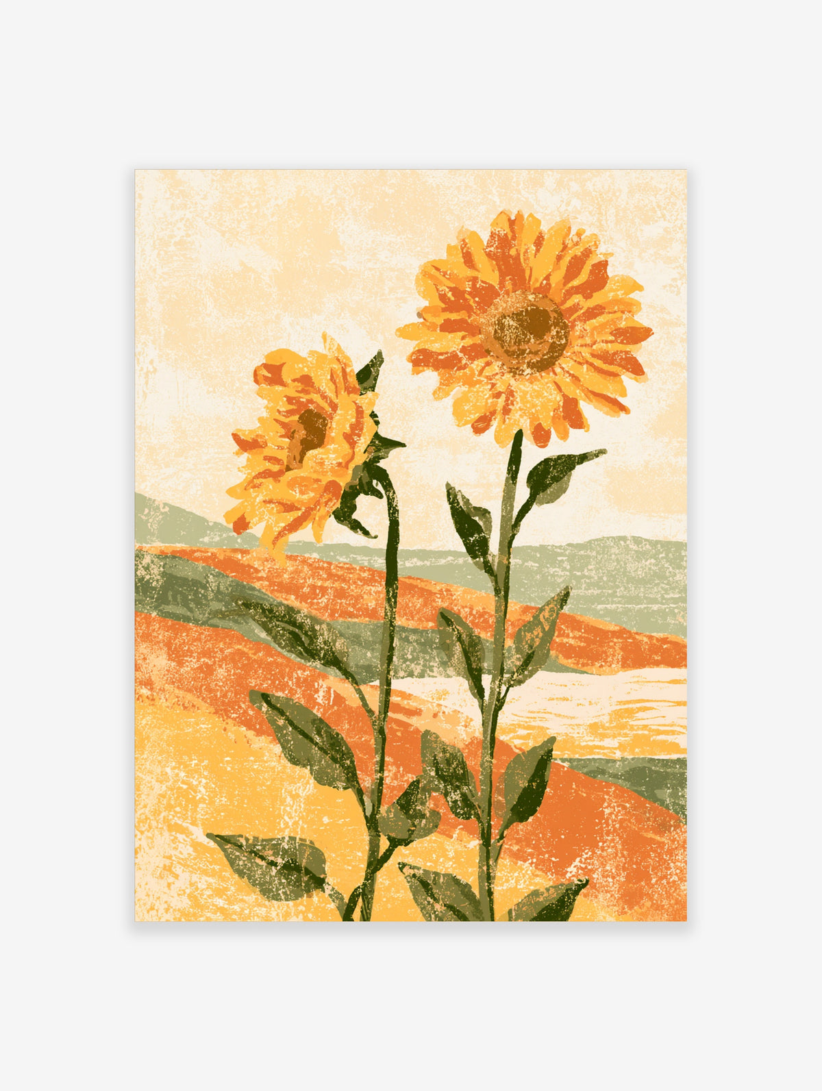Two golden sunflowers with green leaves against orange hills and a pale sky, retro floral art print