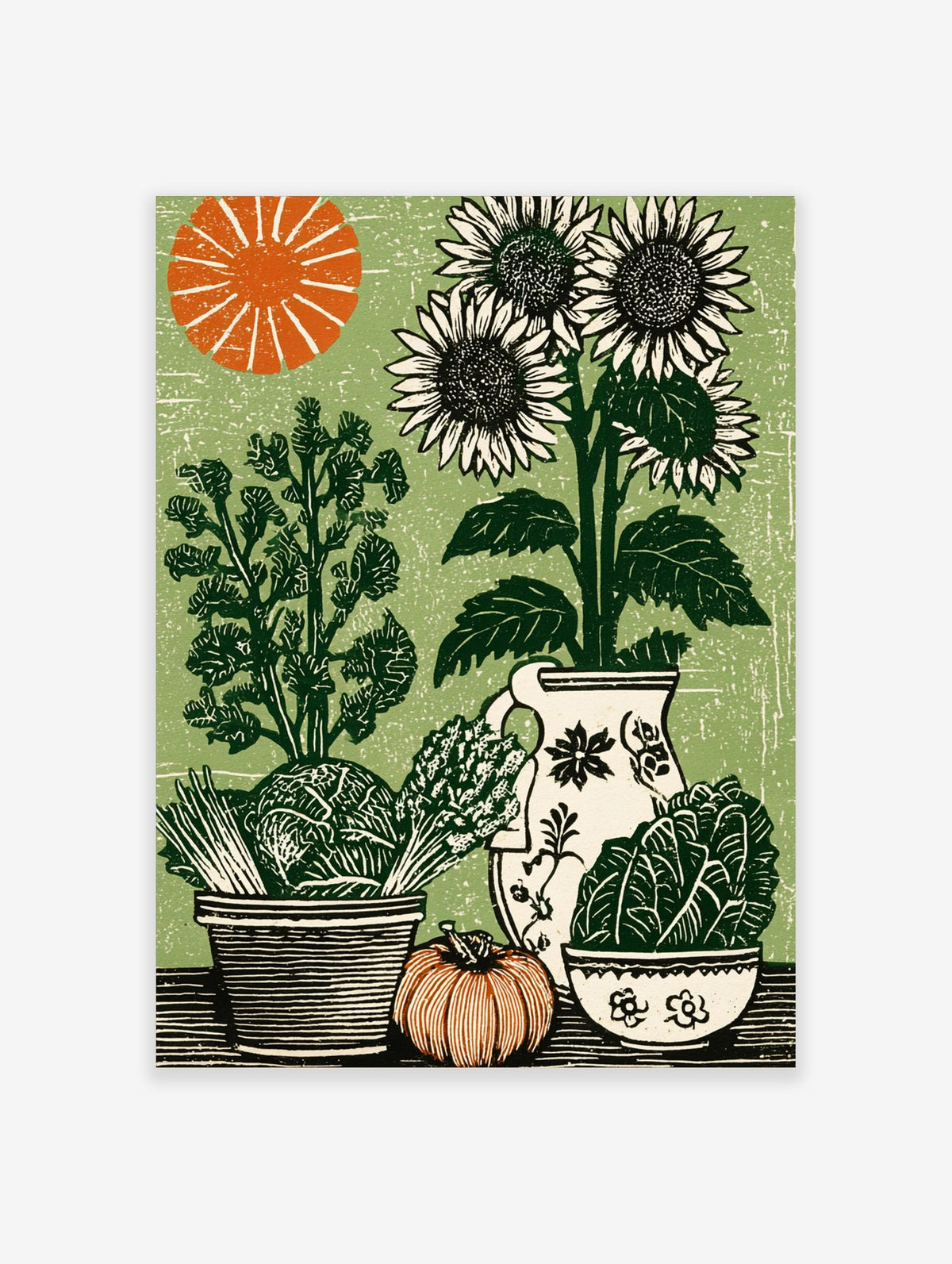 Woodcut style print of sunflowers, cabbage, asparagus, pumpkin, and pitcher on a green background with an orange sun