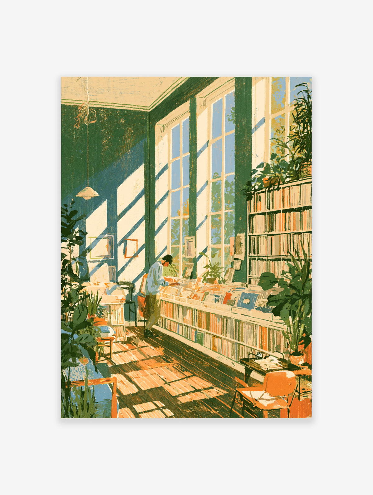 Illustrated bookshop interior with reader browsing shelves, tall windows, plants, and green and orange tones