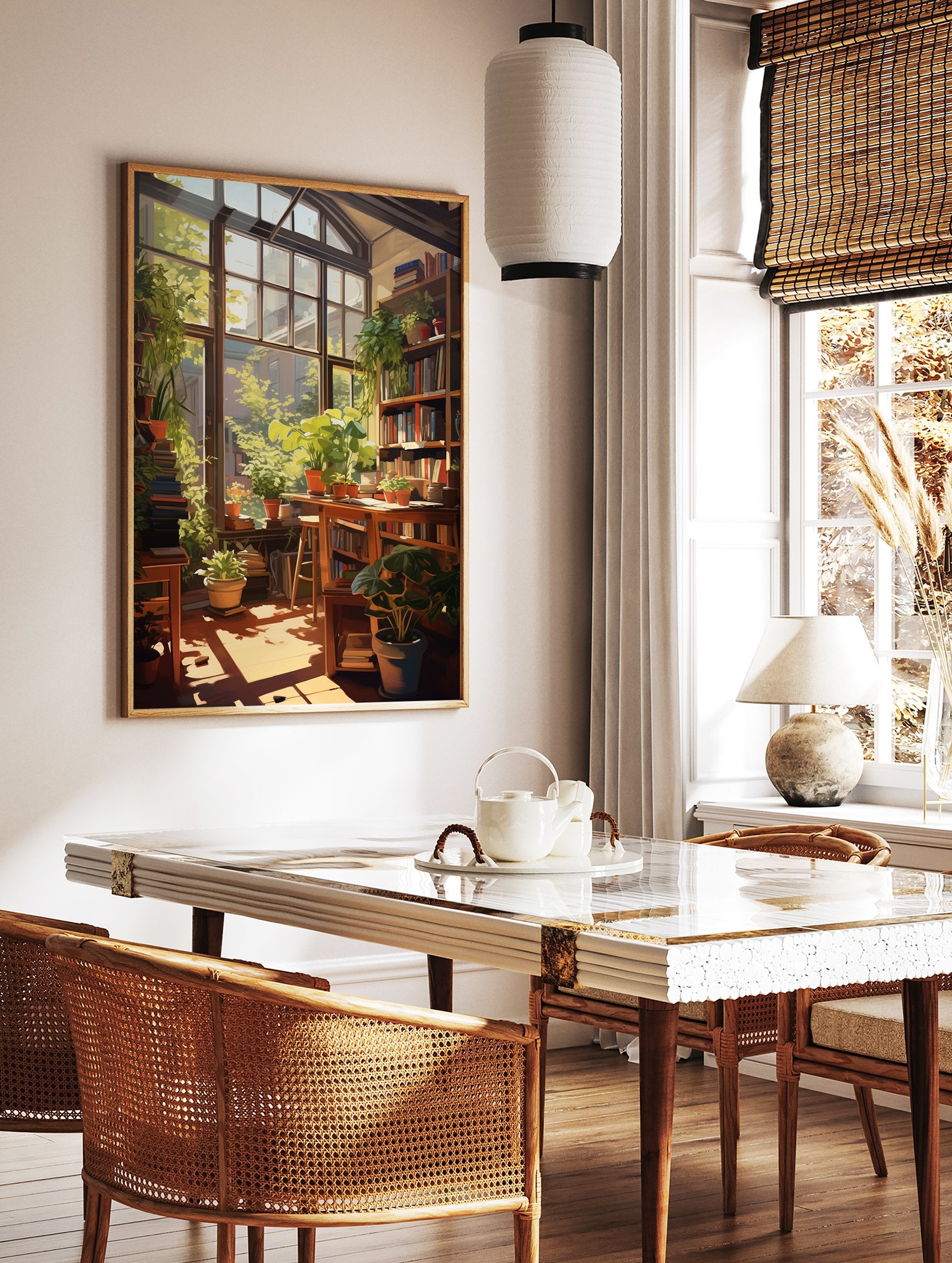 Sunlit Botanical Room Poster showing a cozy interior with green potted plants, bookshelves, and a large window with warm light. - Image 2