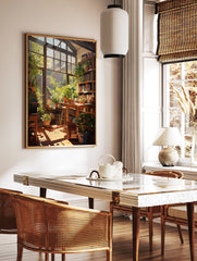 Sunlit Botanical Room Poster showing a cozy interior with green potted plants, bookshelves, and a large window with warm light. - Image 2
