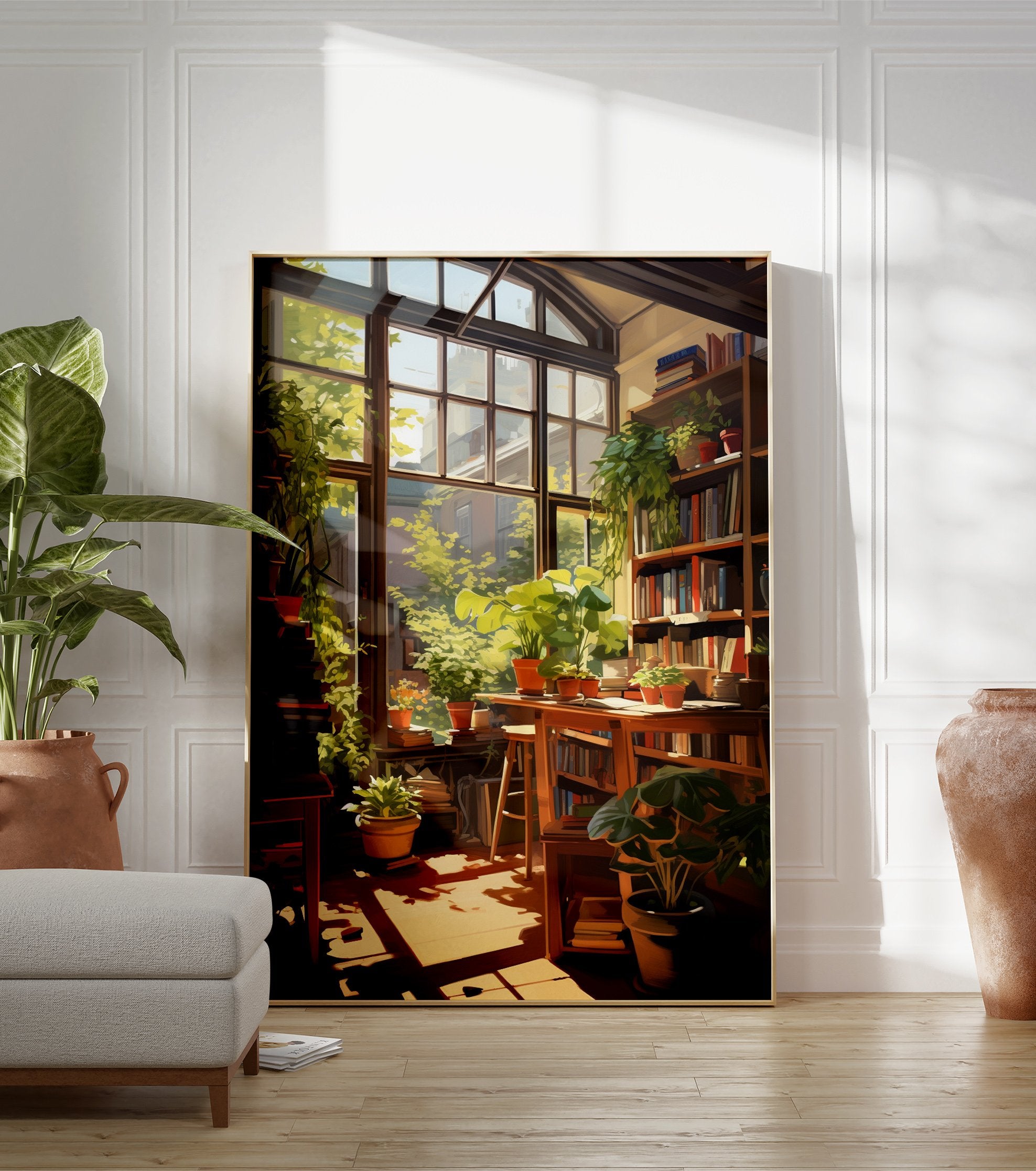 Sunlit Botanical Room Poster showing a cozy interior with green potted plants, bookshelves, and a large window with warm light. - Image 3