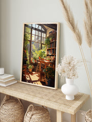 Sunlit Botanical Room Poster showing a cozy interior with green potted plants, bookshelves, and a large window with warm light. - Image 4