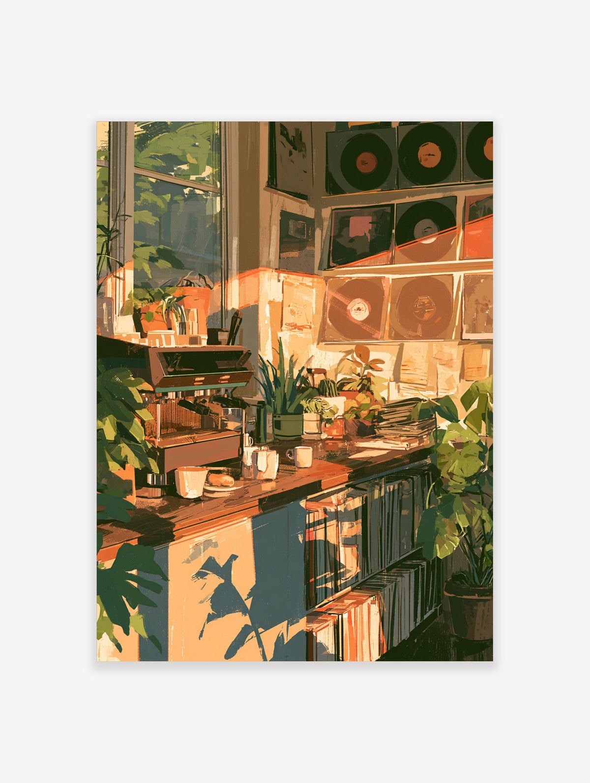Sunlit coffee bar illustration with espresso machine, plants, and vinyl records on a wooden counter