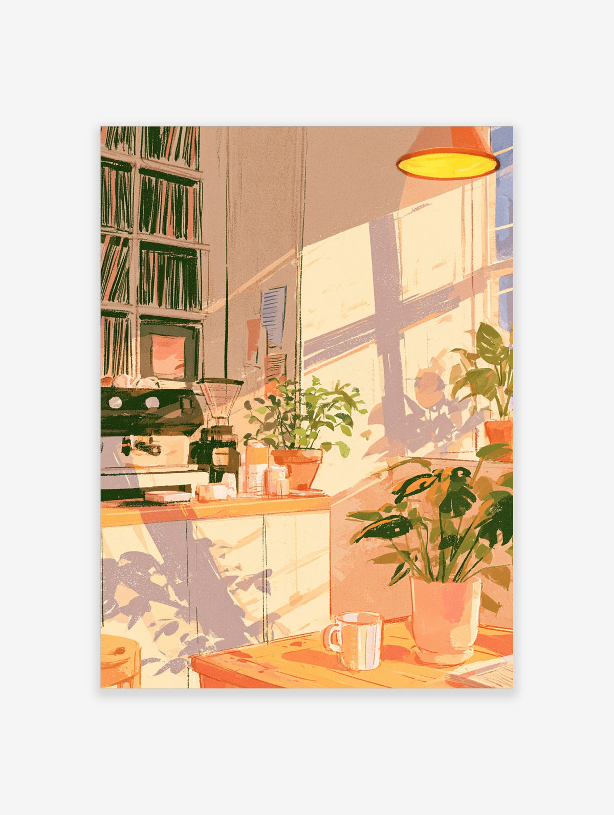 Sunlit coffee shop interior illustration with coffee machine, potted plants, and warm light casting shadows